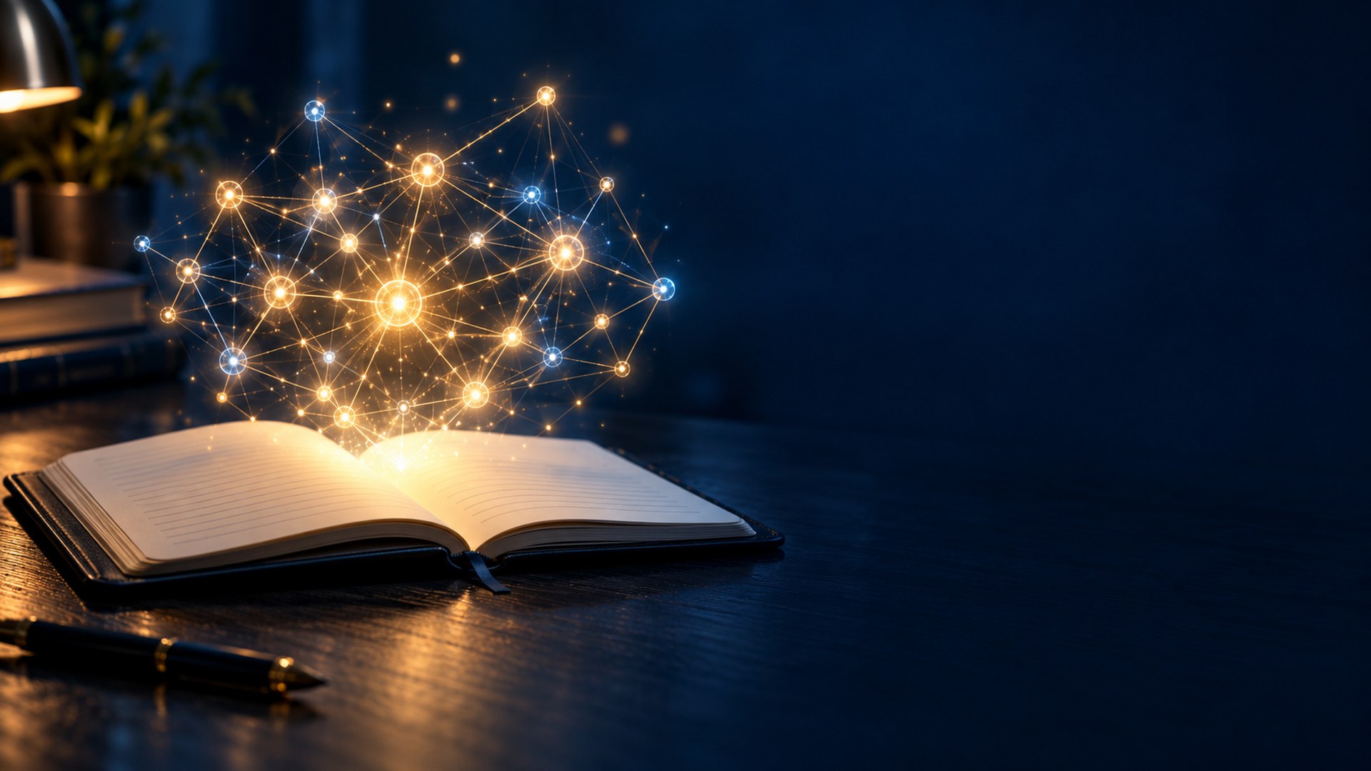 شبكة نقاط ضوء تطفو فوق دفتر مفتوح على مكتب داكن