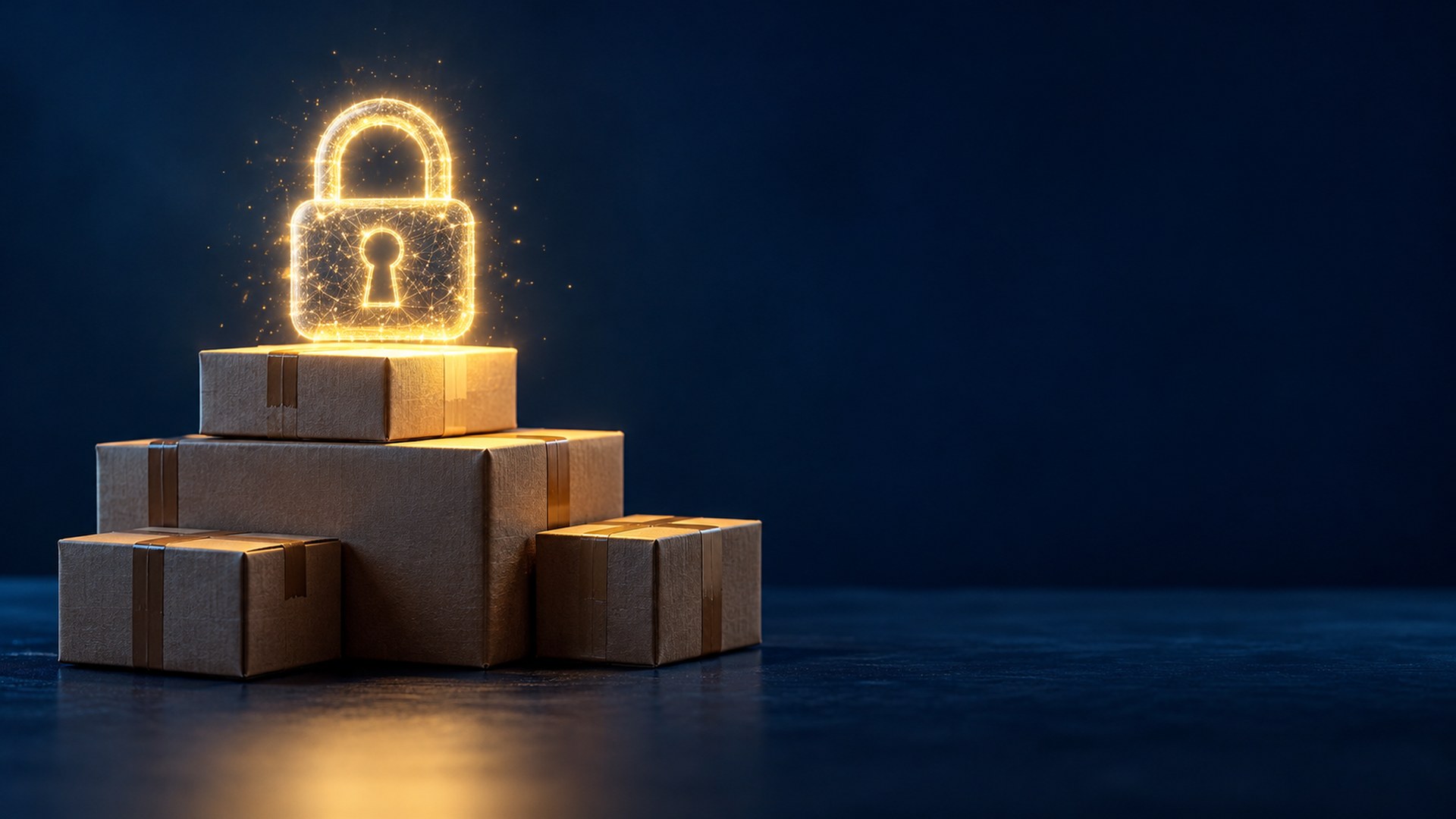 قفل مضيء فوق كومة صناديق توصيل على مكتب كحلي