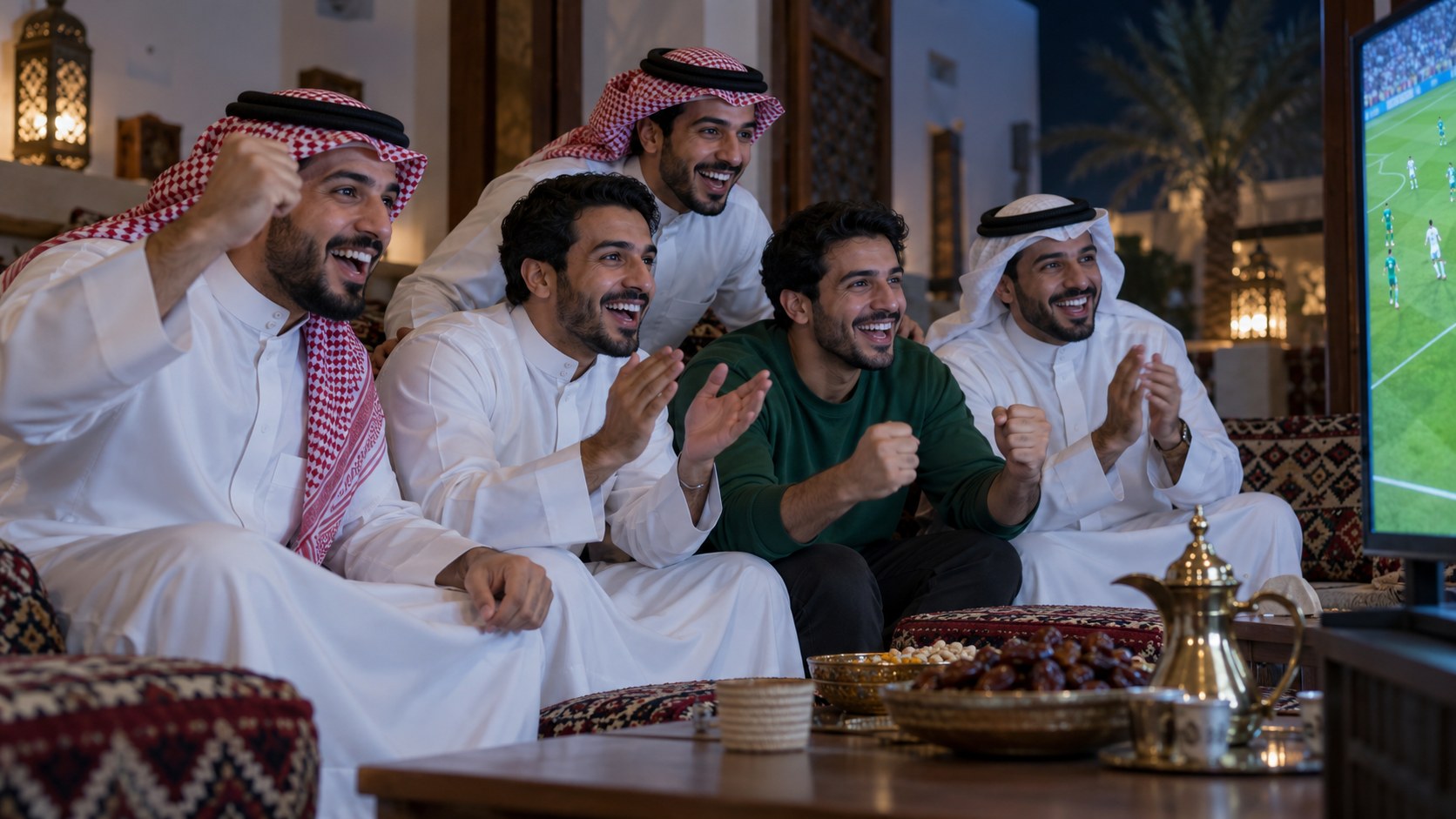 أصدقاء سعوديون في مجلس يشجعون المنتخب وهم يشاهدون المباراة