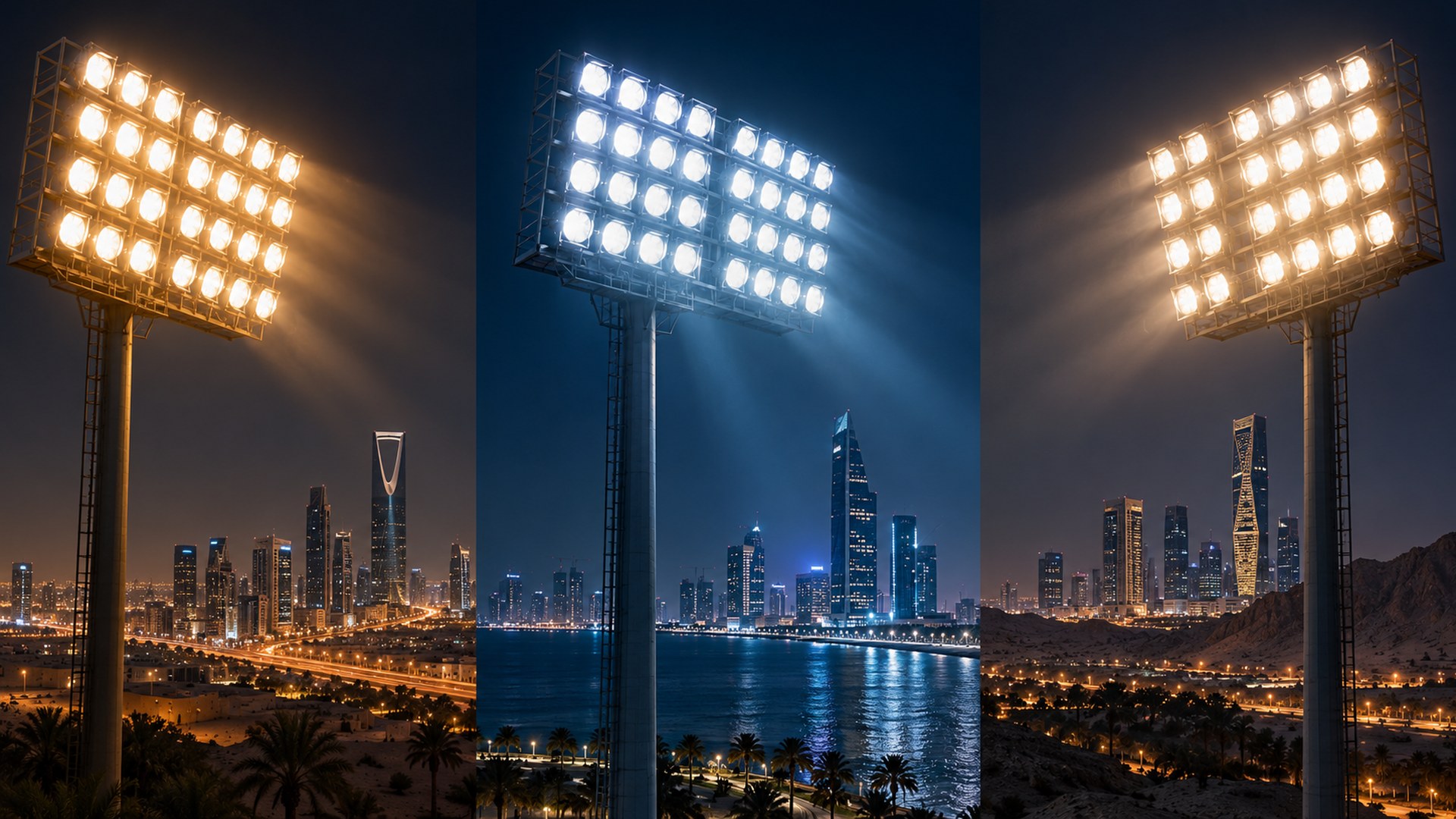 أضواء ملاعب في ثلاث مدن ليلاً في ثلاث لقطات متجاورة