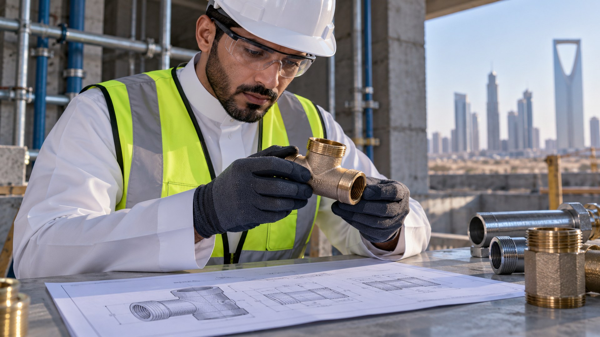 مهندس إنشاءات خليجي يطابق قطعة سباكة مع ورقة مواصفاتها على طاولة عمل