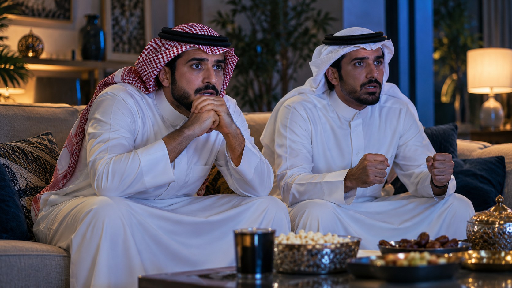 صديقان خليجيان على الكنب يتابعان مباراة كرة قدم بحماس وأحدهما يميل للأمام