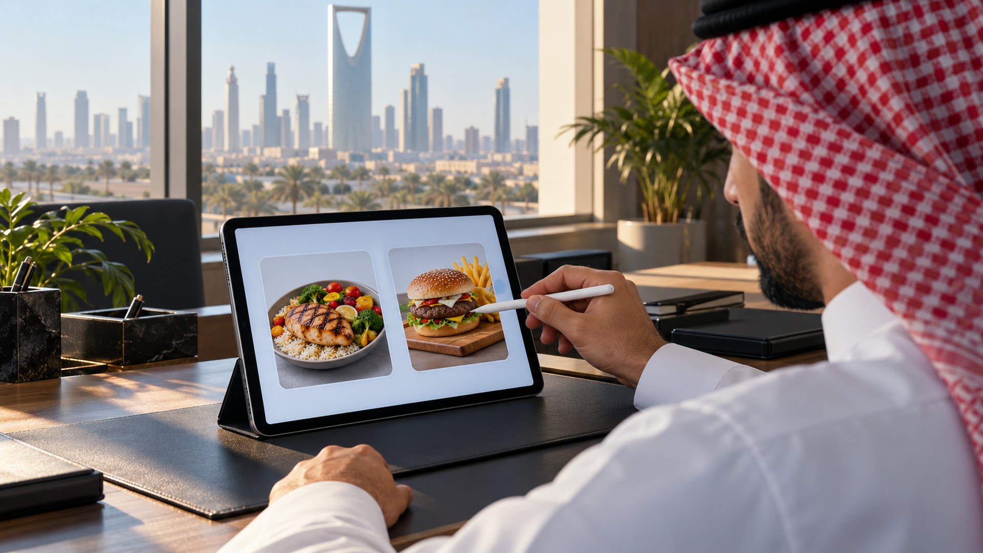 يد بقلم لمس تشير إلى خياري طلب على جهاز لوحي في مكتب مشمس
