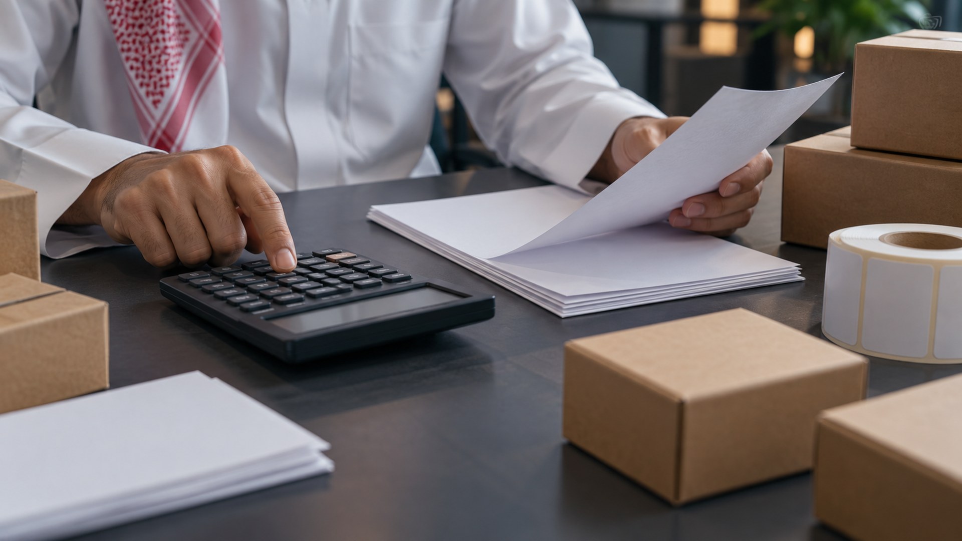 يدان تحسبان تكلفة المنتجات والتغليف وملصقات الشحن على مكتب نظيف