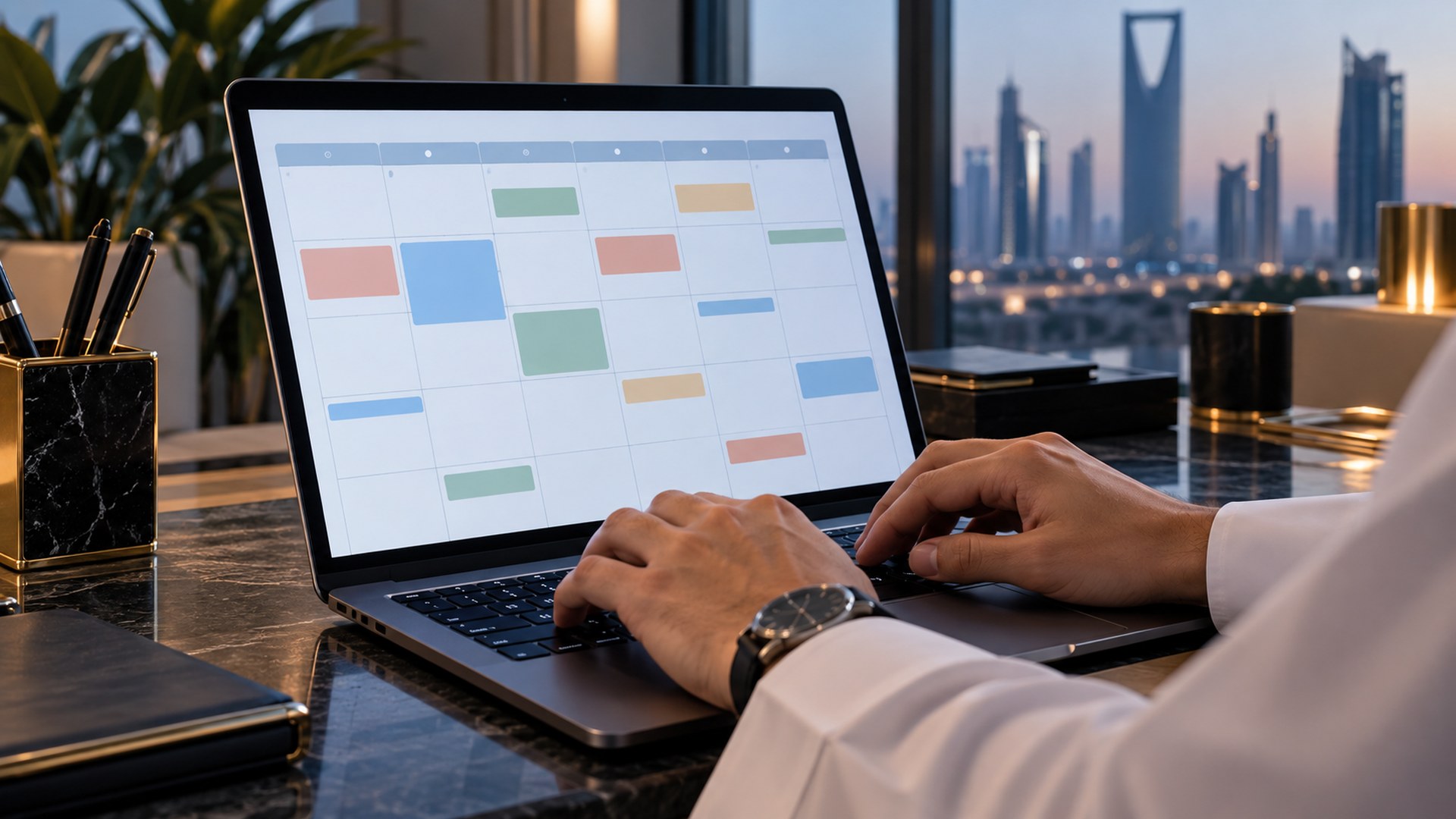 يدان تكتبان أسئلة العملاء في تقويم محتوى رقمي منظم على اللابتوب