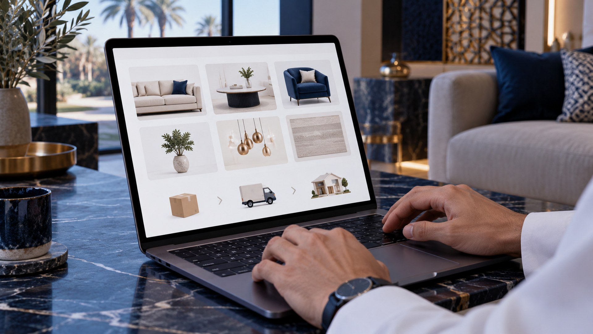 يدان تتصفحان كتالوج منتجات رقمياً بأيقونات توصيل على اللابتوب
