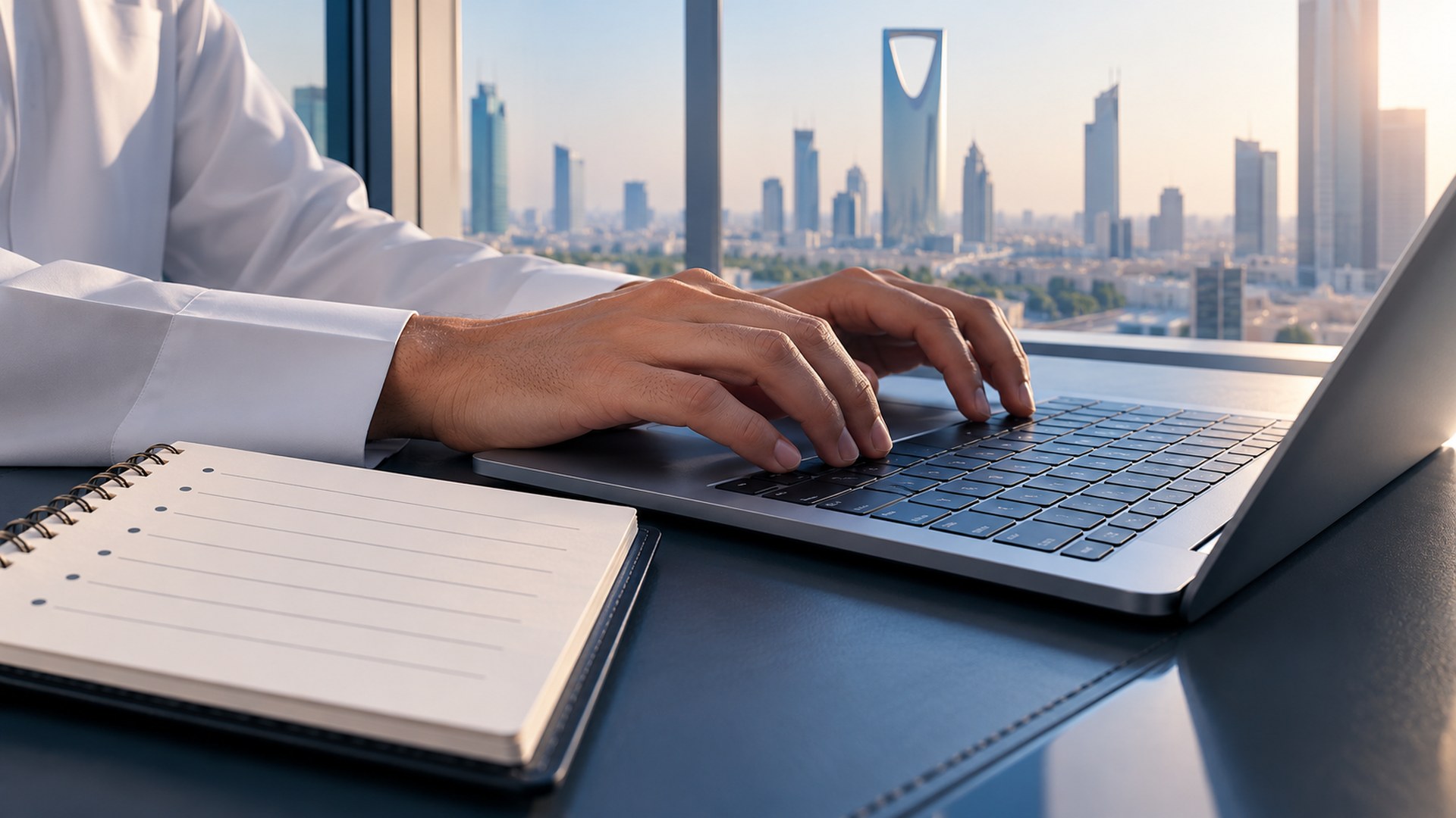 يدان تكتبان على لابتوب في مكتب بالرياض وبجانبه دفتر بنقاط مرتبة