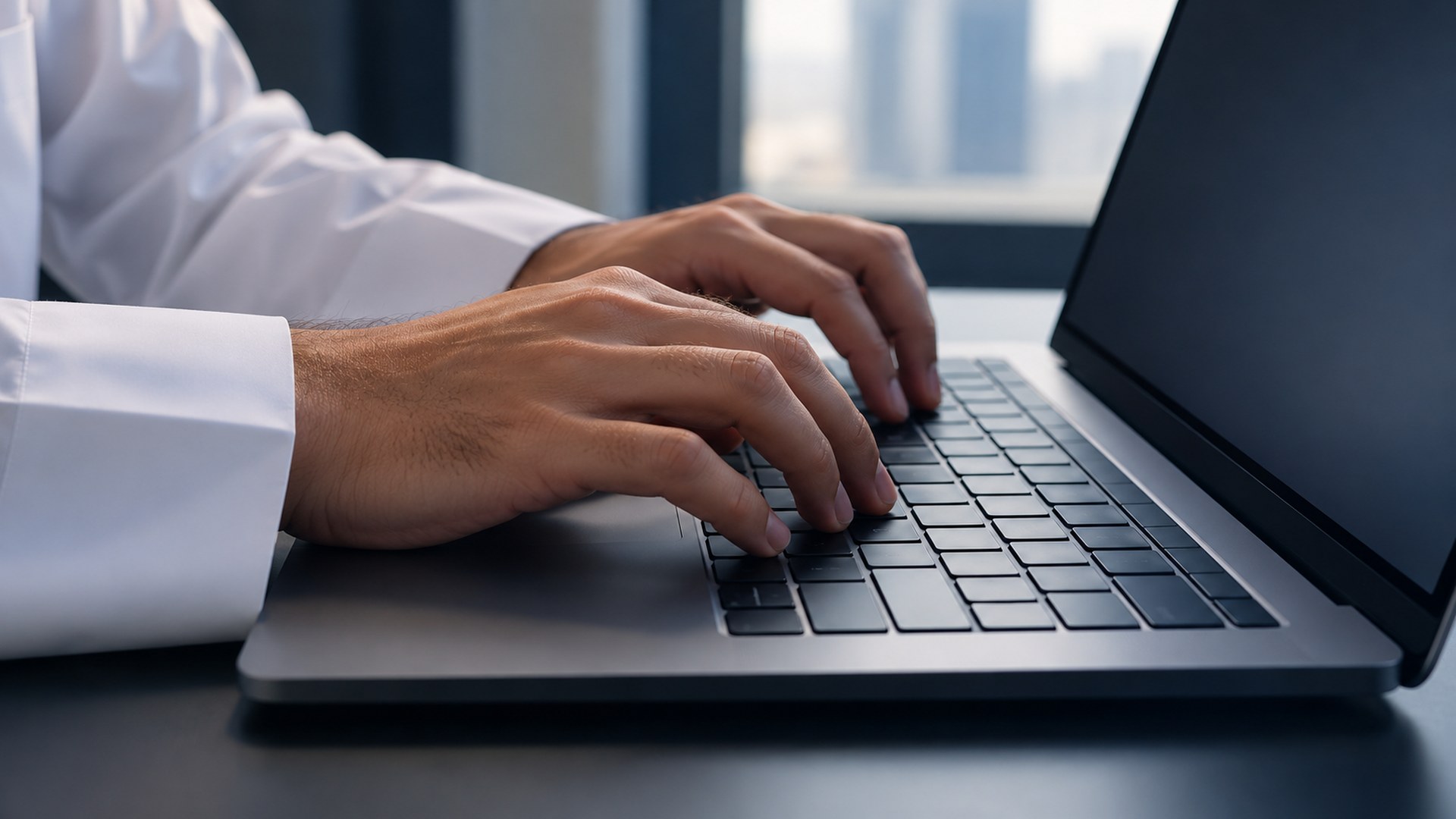 يدان تكتبان رابط تحقق على اللابتوب للتأكد من شهادة رقمية