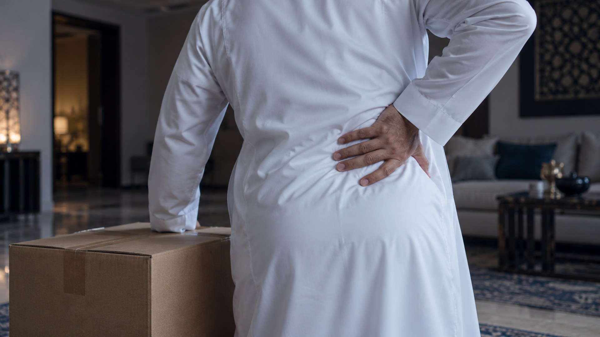 صندوق ثقيل على الأرض ويد رجل تضغط على أسفل ظهره