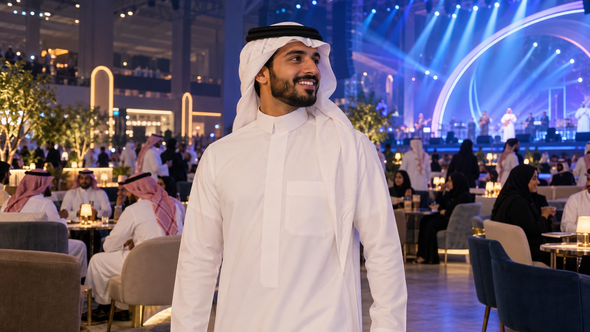 صالة ترفيه مكيفة في الرياض يستمتع زوارها بالمقاهي وأضواء المسرح