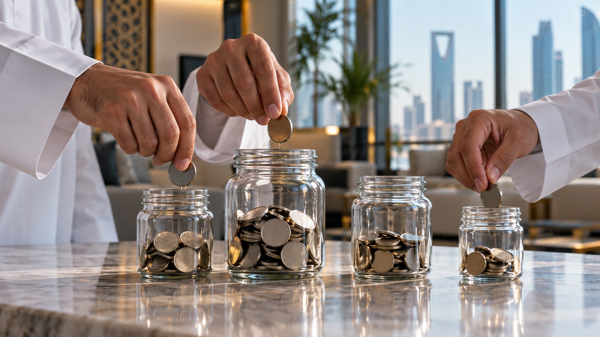 أيدي مستثمرين تضع العملات في عدة برطمانات زجاجية صغيرة على طاولة