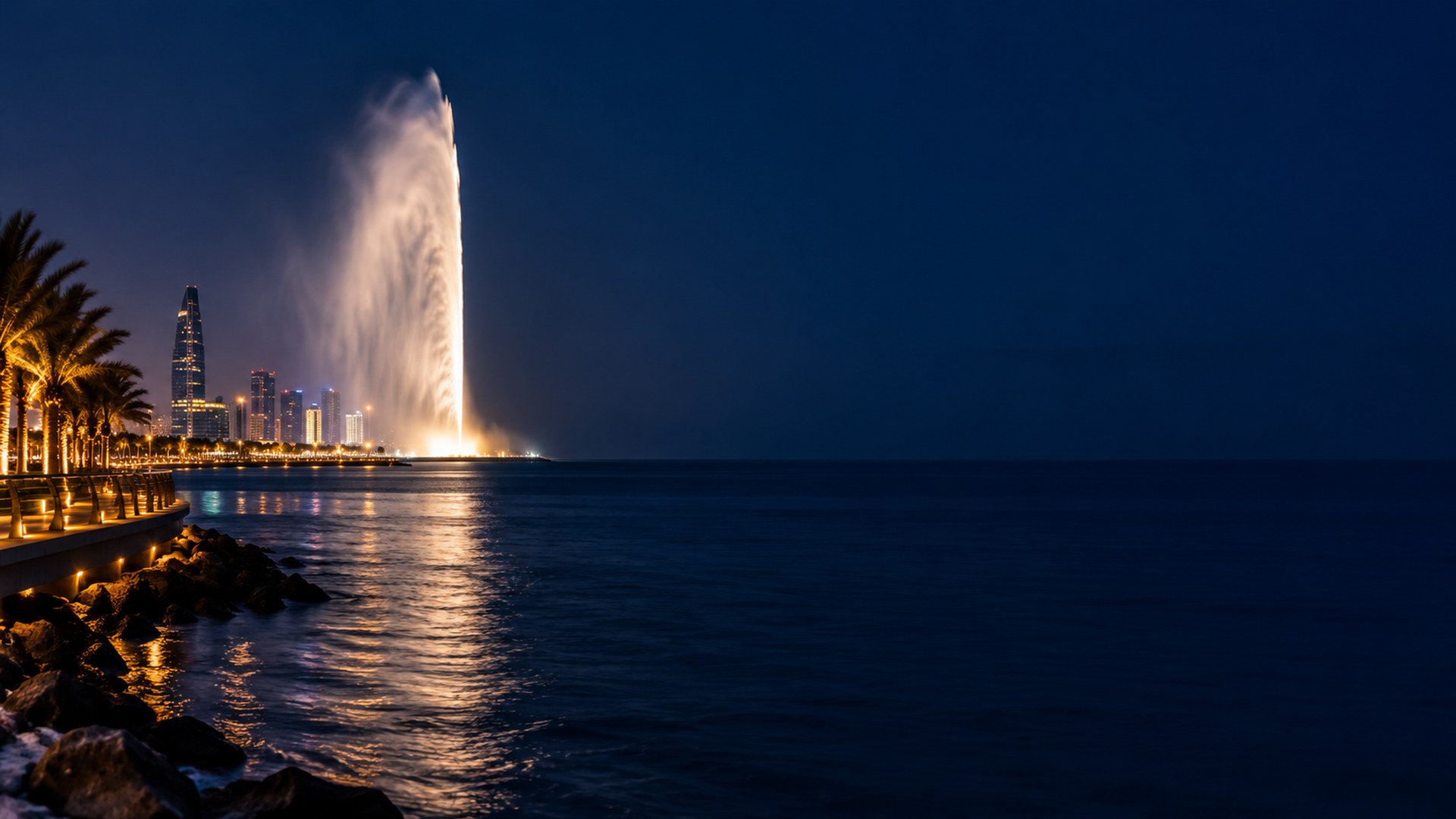 واجهة جدة البحرية وقت الغسق ونافورة الملك فهد مضاءة فوق البحر