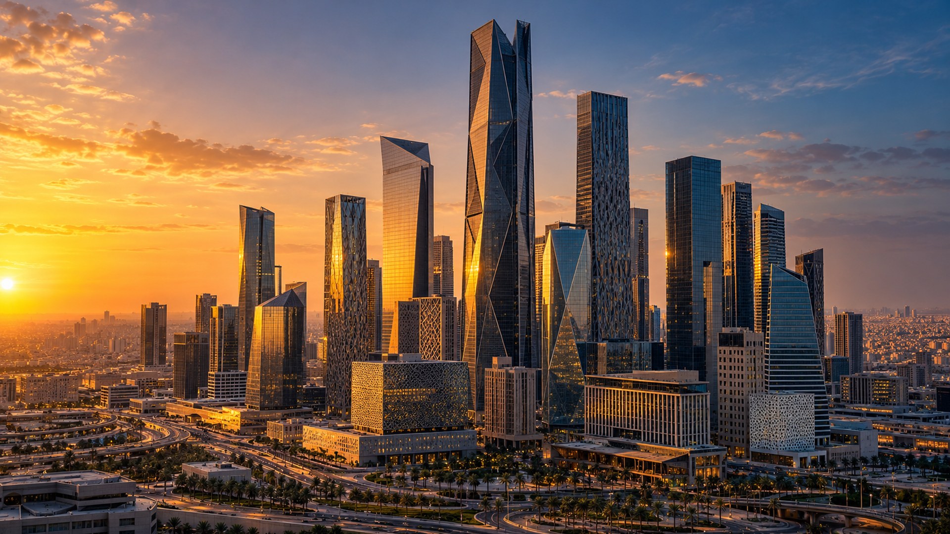 أبراج مركز الملك عبدالله المالي في الرياض وقت الأصيل والشمس تنعكس على الزجاج