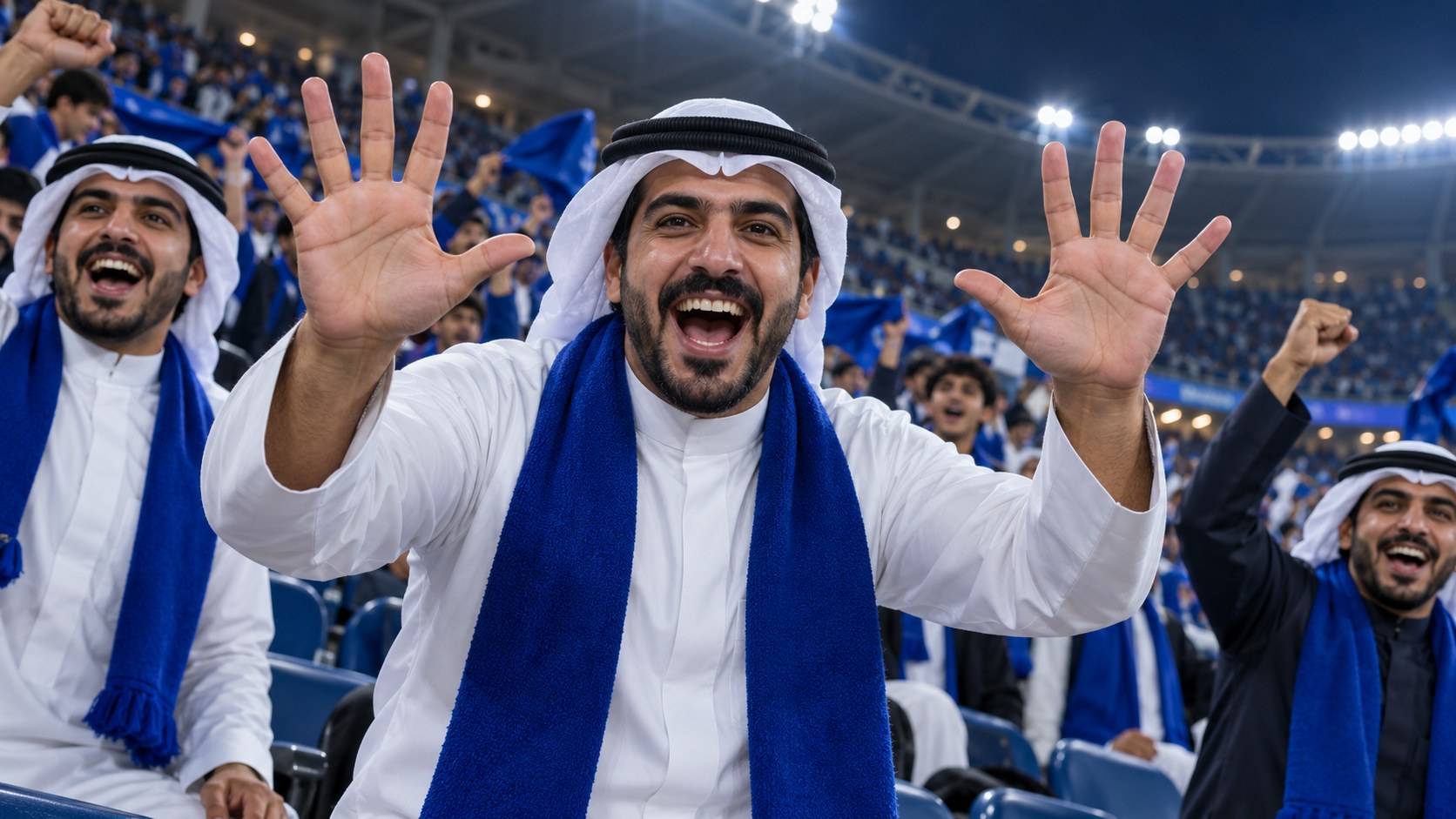 مشجعون كويتيون بأوشحة زرقاء يهتفون بحماس في المدرجات رافعين أصابعهم العشرة