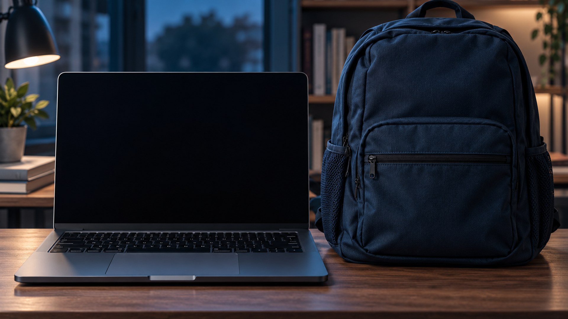 لابتوب وحقيبة ظهر جامعية على مكتب