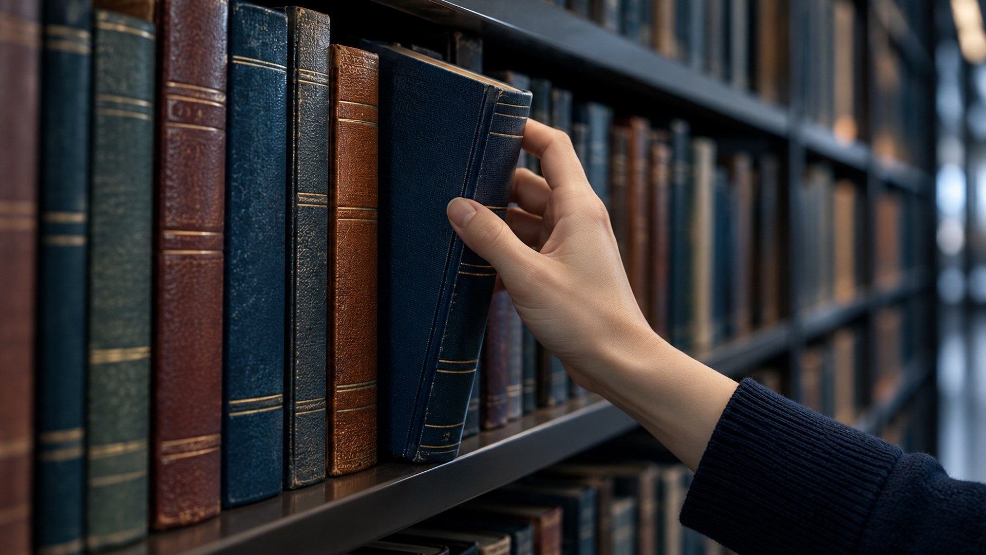 يد أمين مكتبة تسحب كتاباً من رف طويل مرتب في مكتبة حديثة