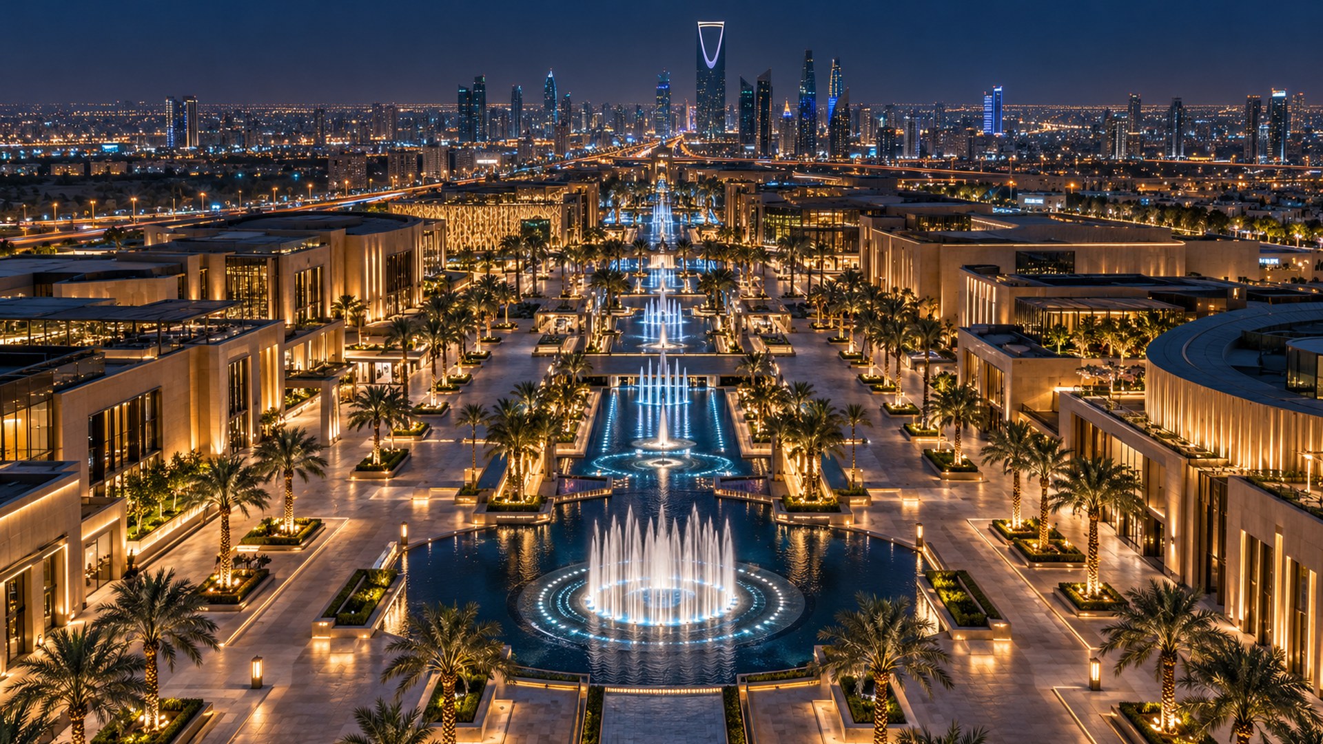 شارع ترفيهي مضاء في الرياض ليلاً بنوافير وممرات واسعة، من الأعلى