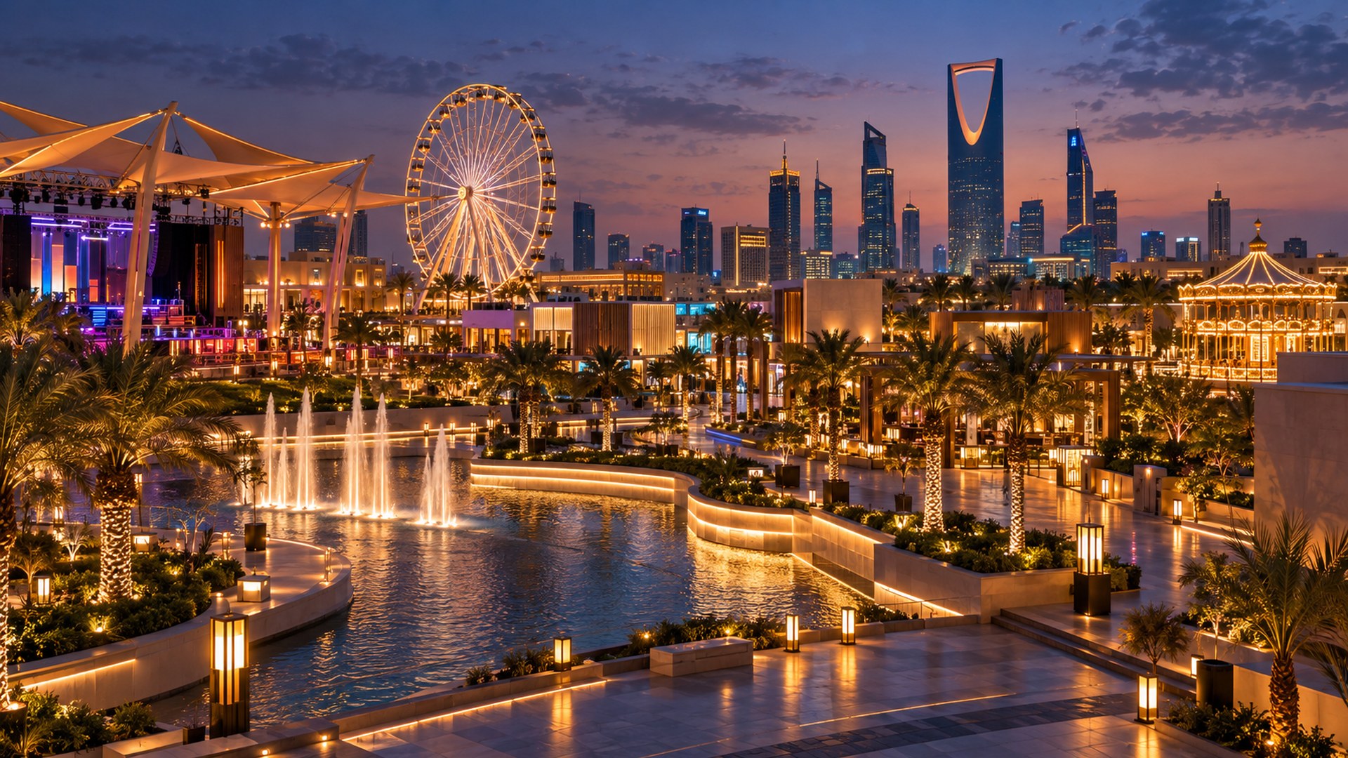 ساحة مهرجان ترفيهي في الرياض وقت الغسق والعائلات تتمشى تحت الأضواء