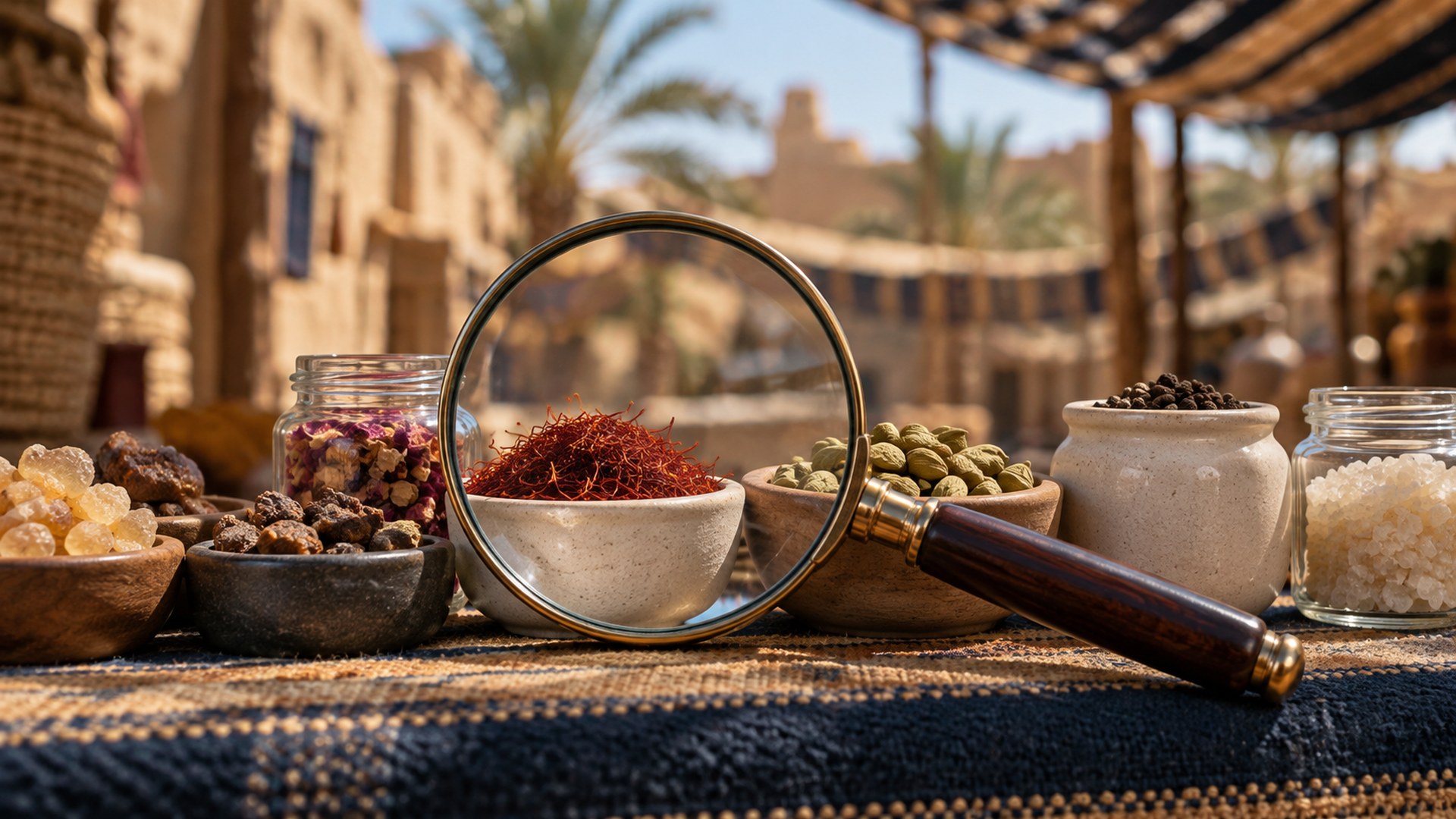 عدسة مكبرة فوق عينات منتجات صغيرة على بسطة في السوق