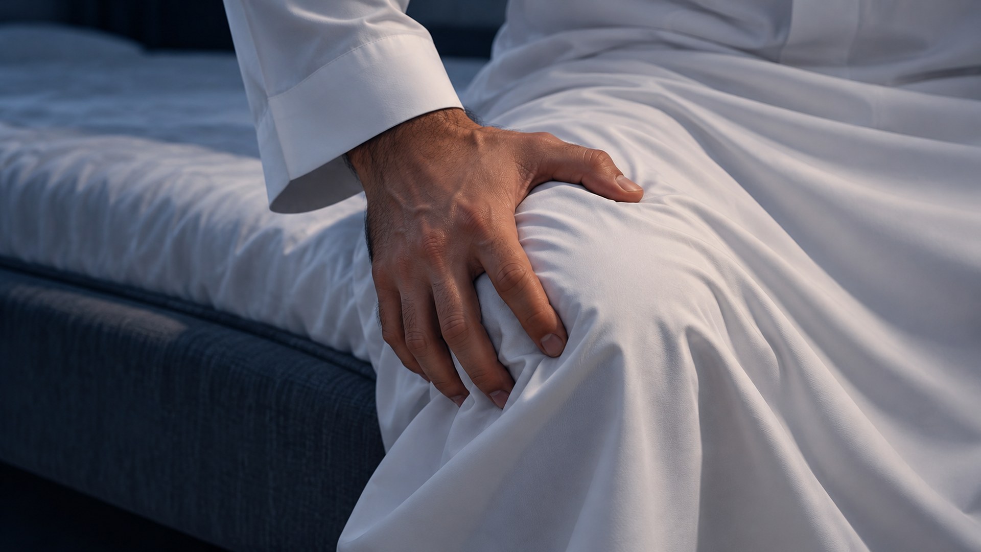 يد رجل تضغط على فخذه وهو جالس على طرف السرير