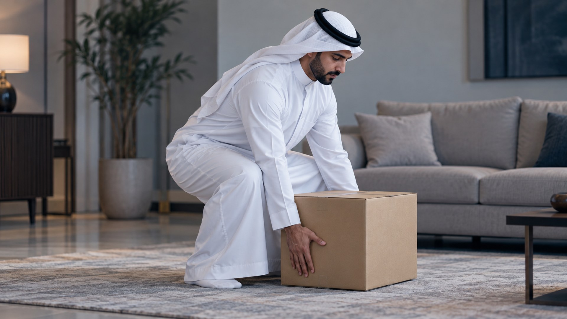 رجل بالثوب يثني ركبتيه ليرفع صندوقاً من الأرض بالطريقة الصحيحة