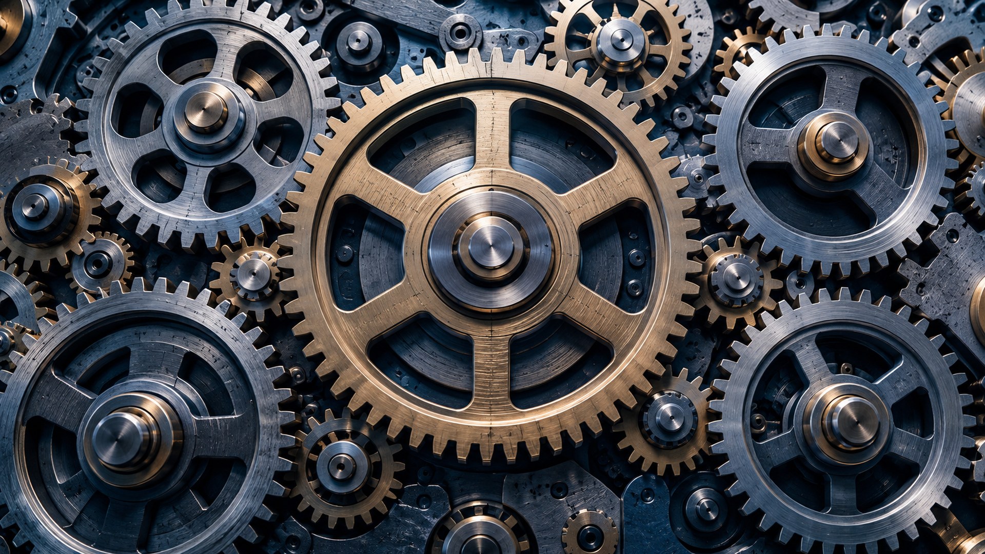 تروس كثيرة متشابكة تدور معاً على لوح