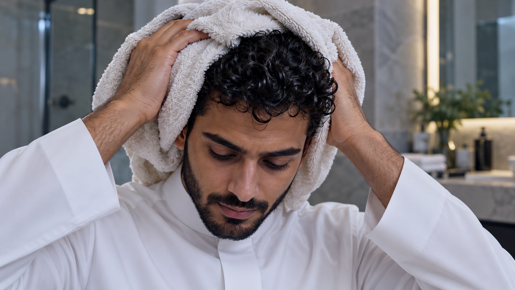 منشفة مايكروفايبر ملفوفة على شعر مجعد ويدان تضغطانها بلطف