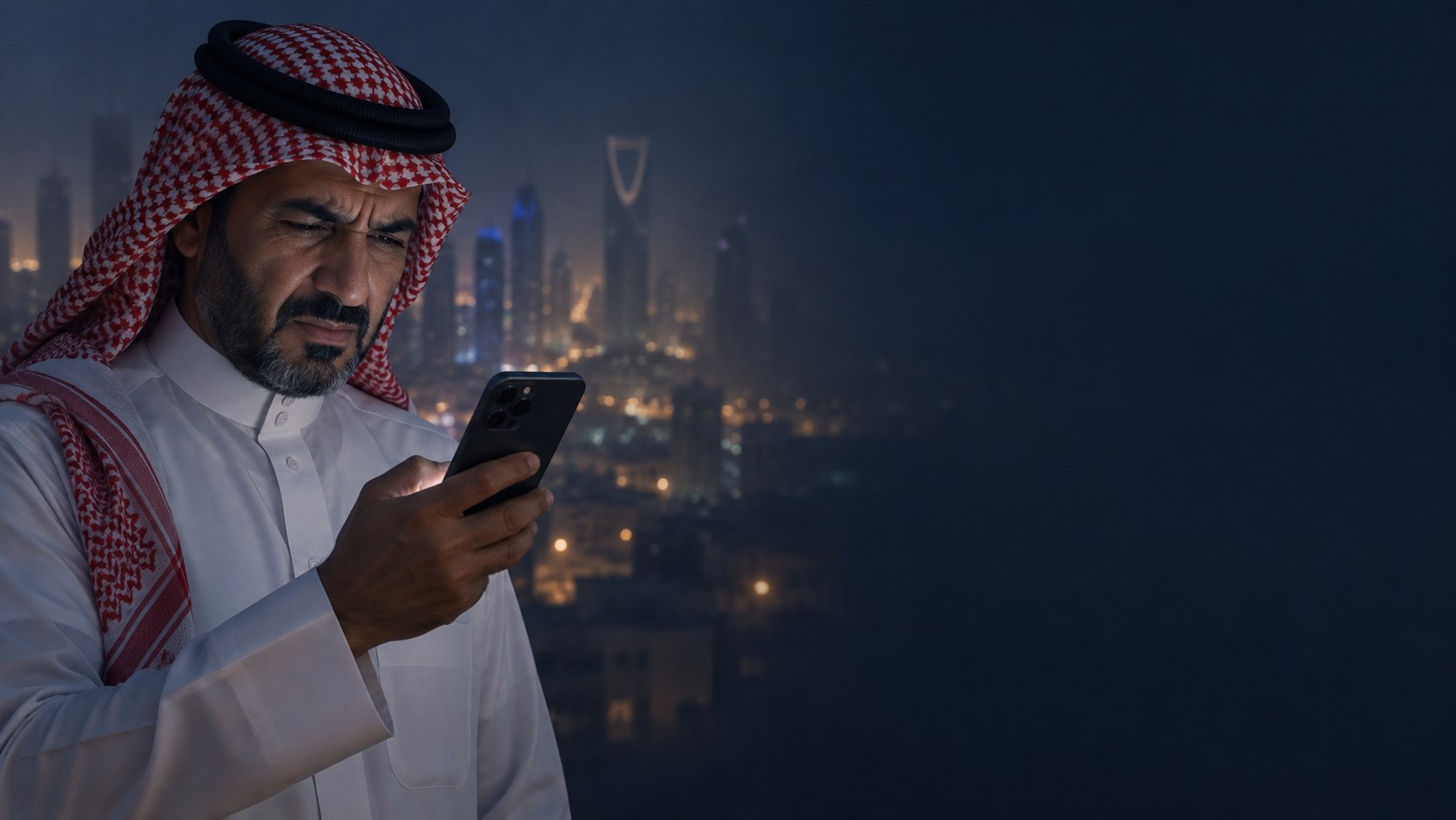 رجل سعودي في منتصف العمر بالثوب والشماغ الأحمر يضيّق عينيه ليقرأ جواله وأضواء الرياض ضبابية خلفه