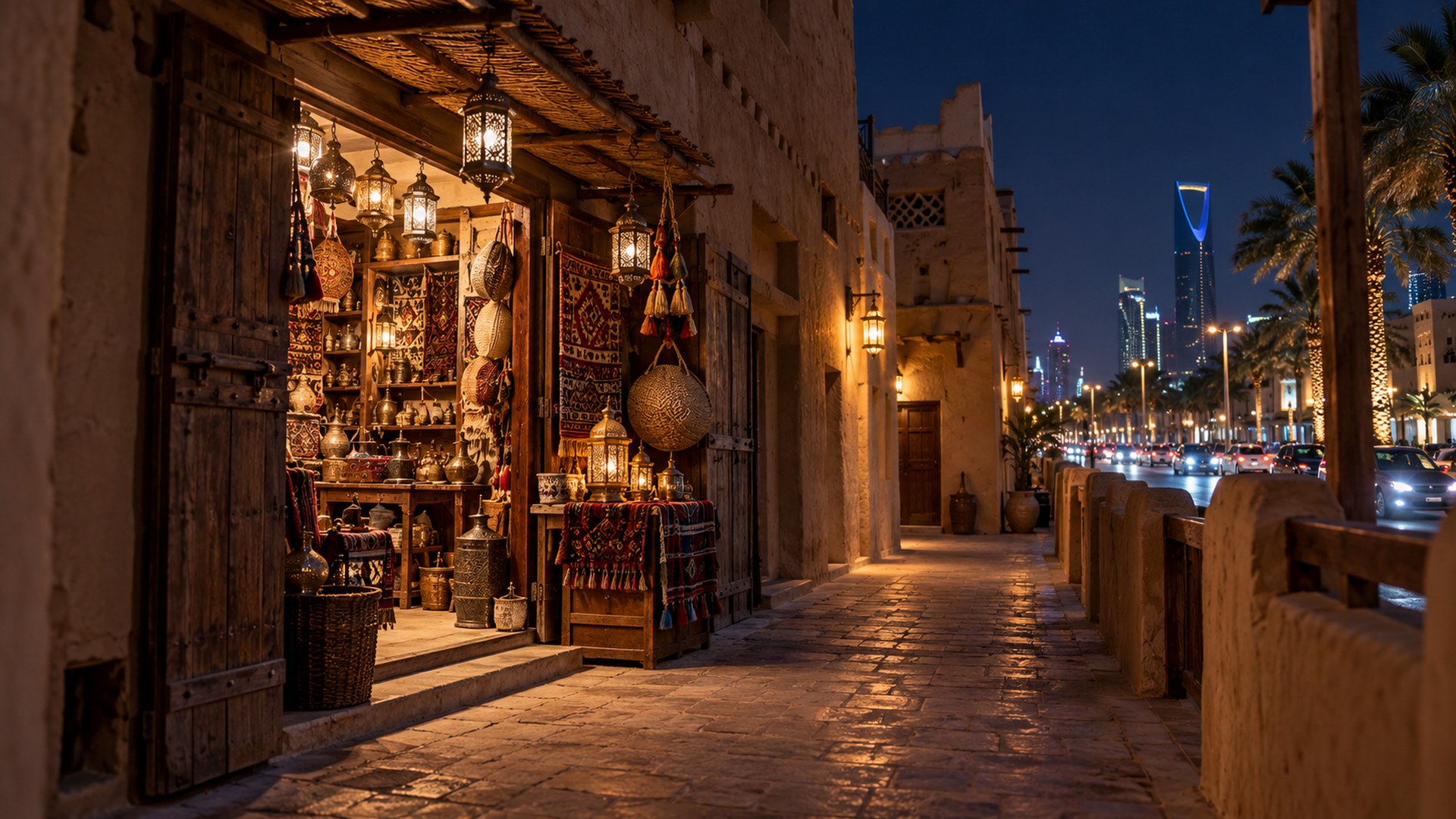 زقاق ضيق هادئ فيه محل صغير مضاء ليلاً بجانب شارع رئيسي مزدحم في الرياض القديمة