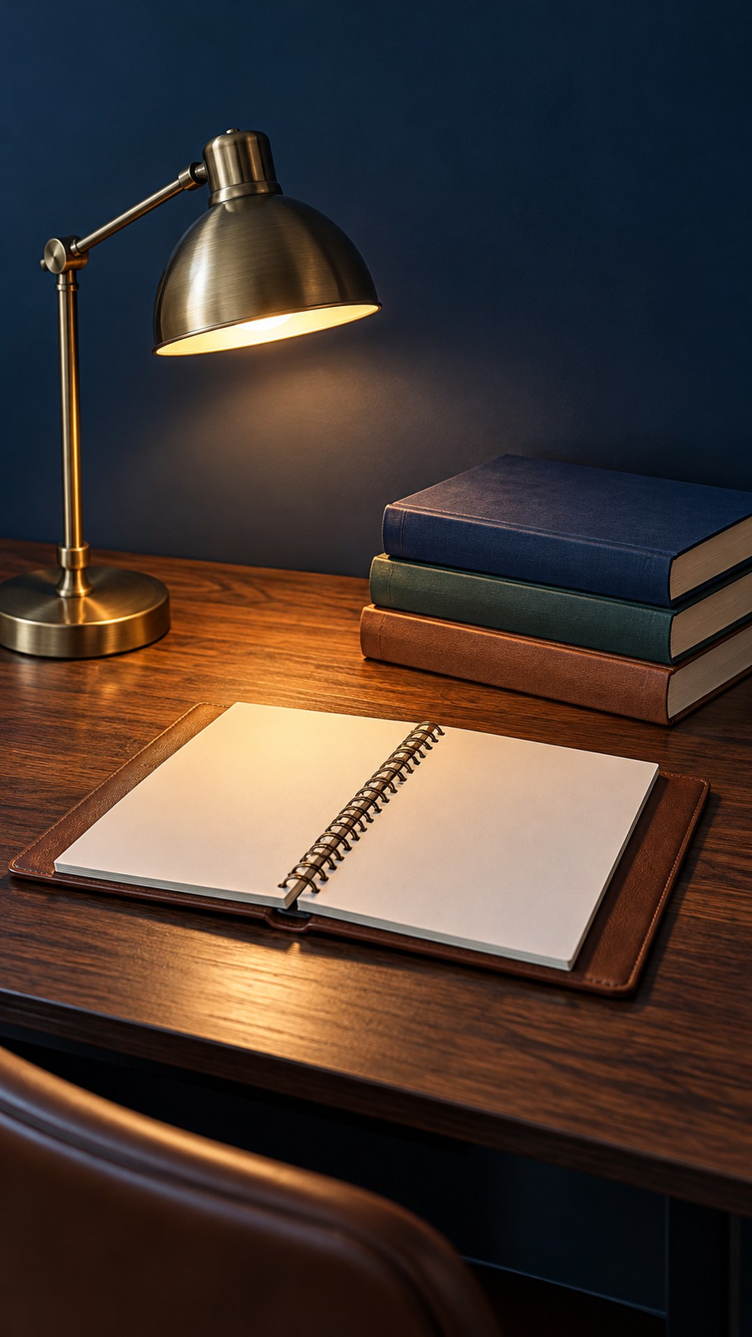مكتب مذاكرة مرتب عليه مفكرة ومصباح وثلاثة كتب