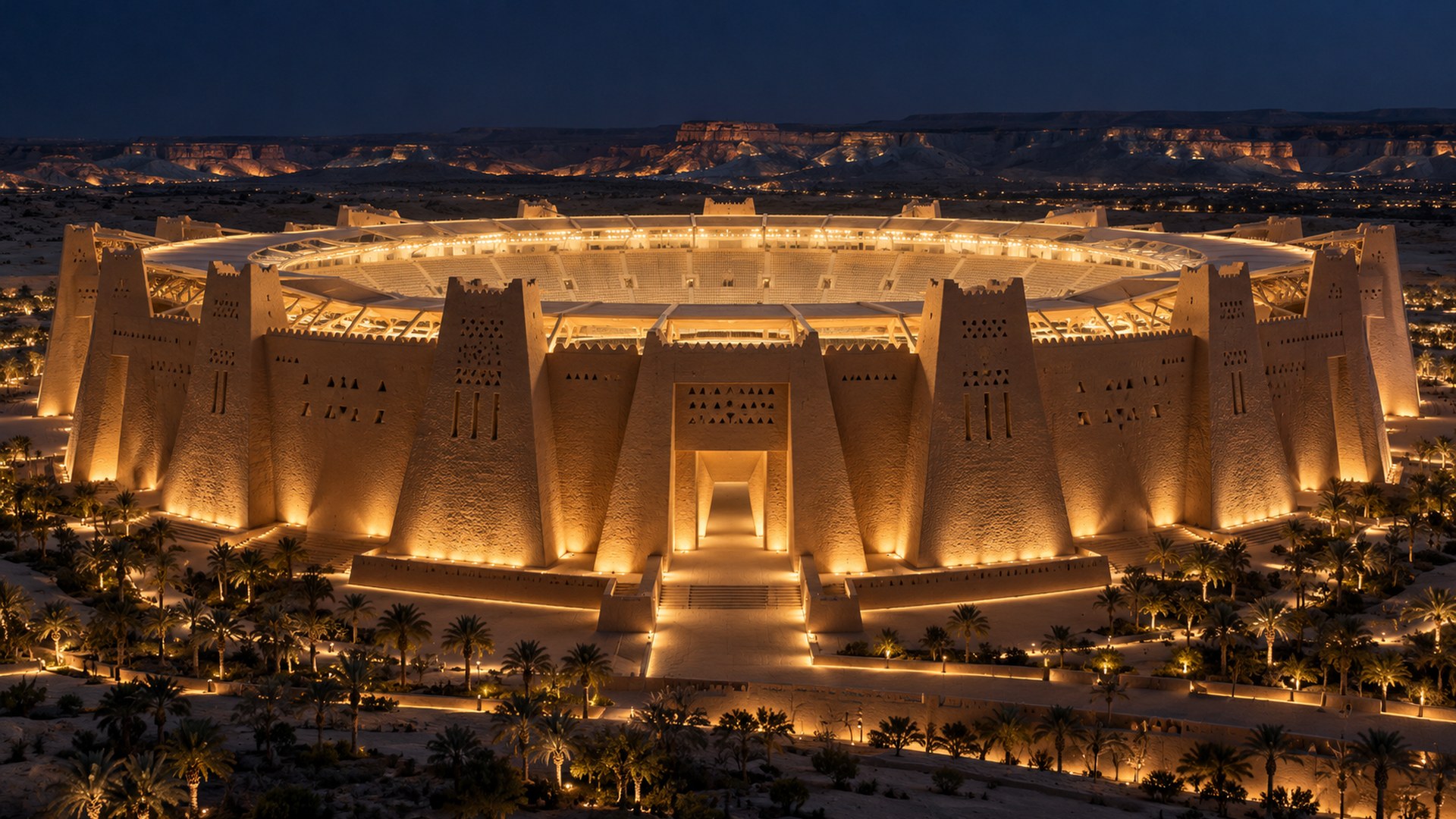 ملعب جديد على طراز الدرعية الطيني مضاء ليلاً