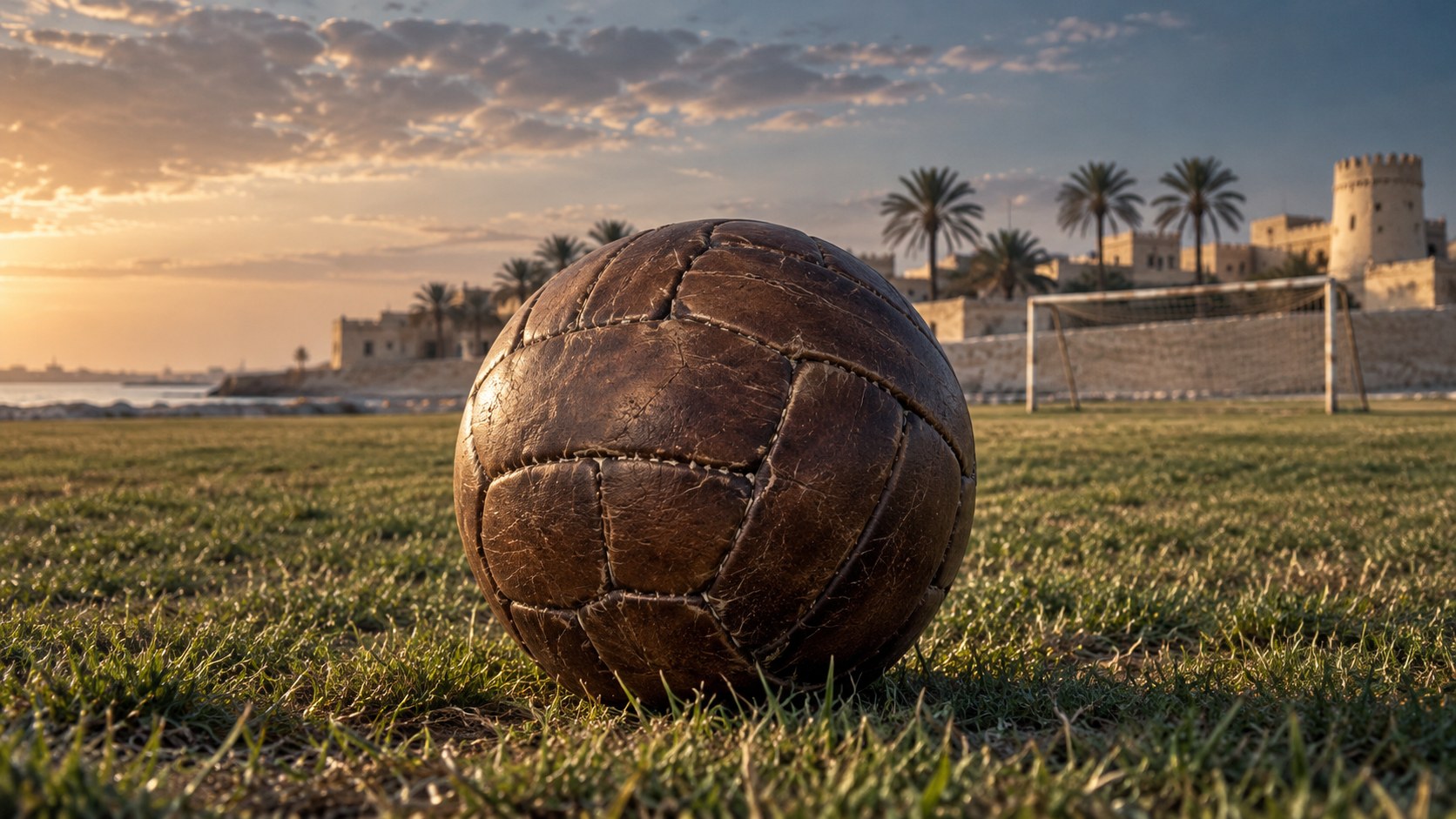 ملعب كرة قدم بطابع قديم من السبعينات وكرة جلدية كلاسيكية على العشب