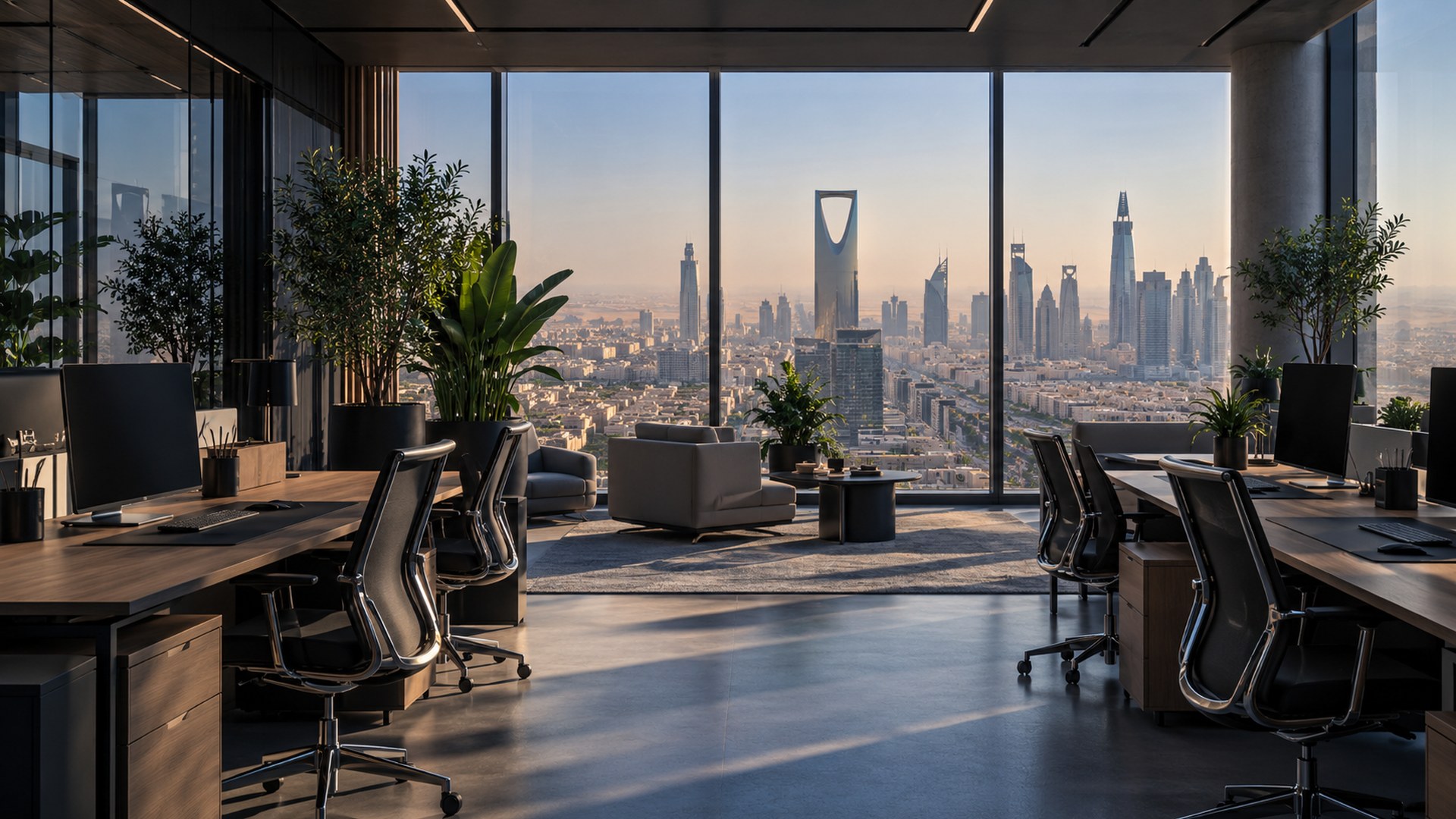 مكتب حديث لمصممين بنباتات كبيرة وأفق الرياض من النافذة