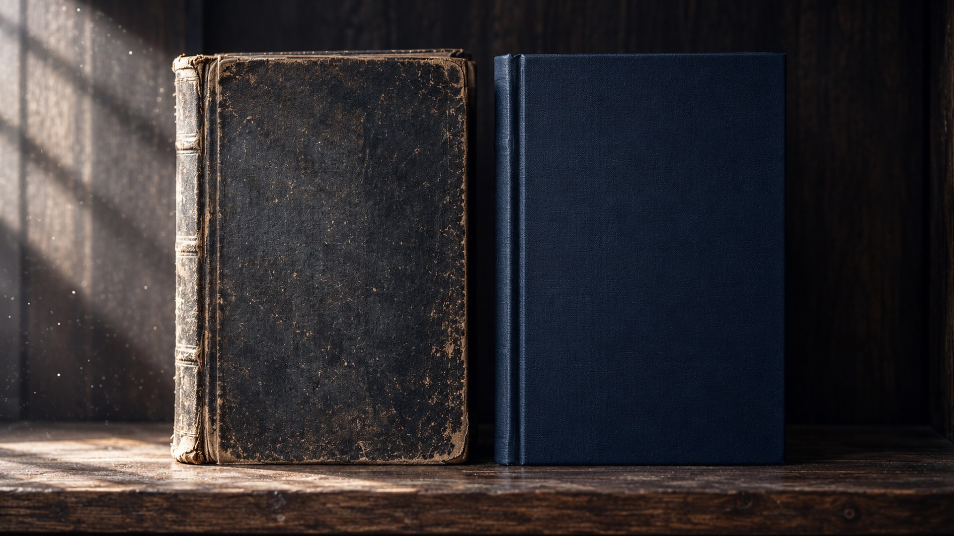كتاب قواعد قديم مغبر على رف بجانب كتاب جديد