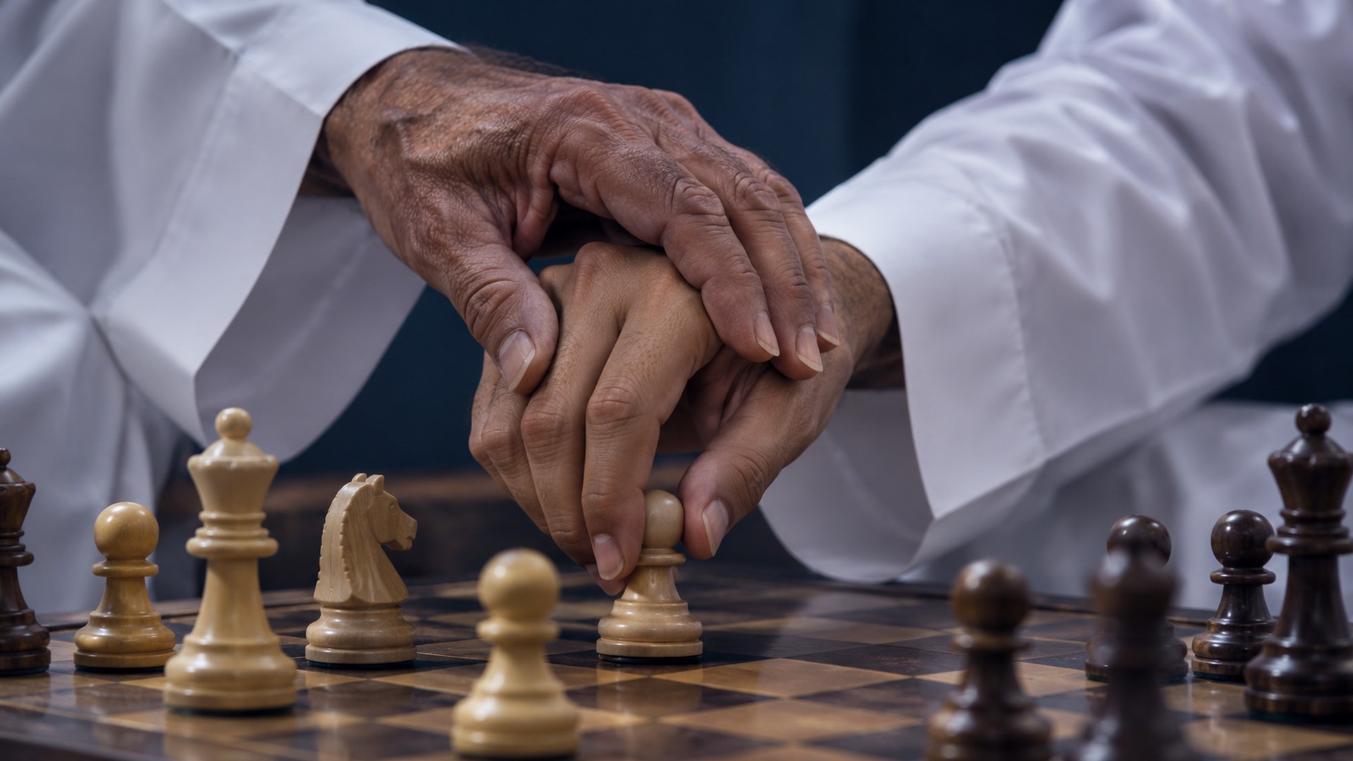 يد رجل سعودي كبير توجه يد شاب على رقعة الشطرنج