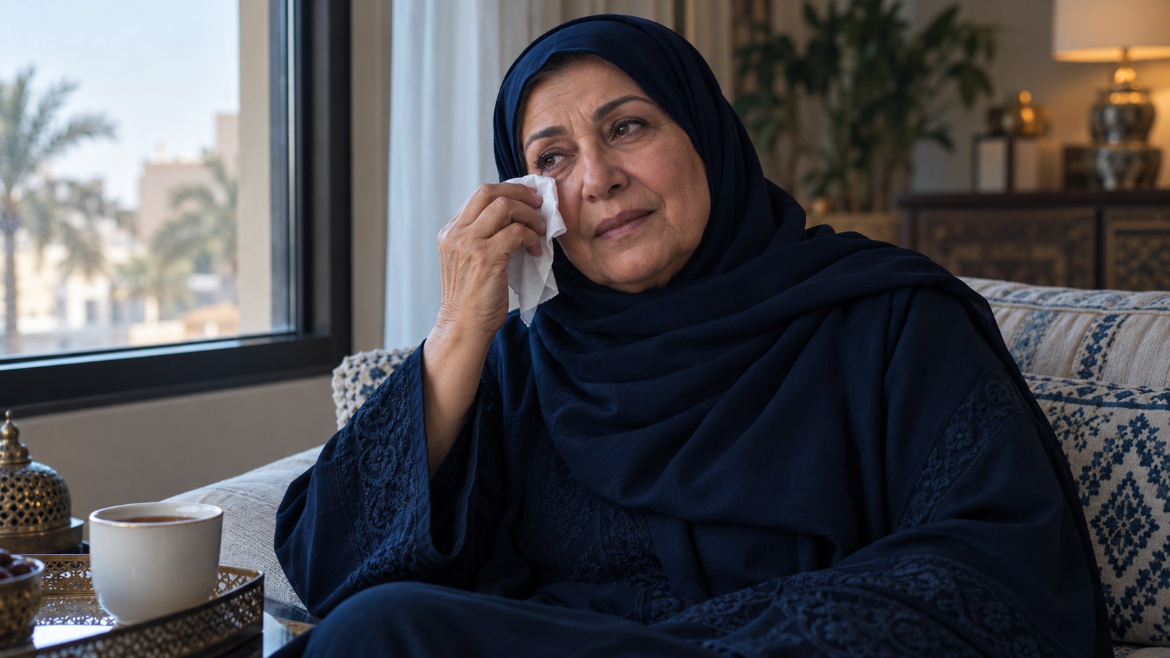 امرأة سعودية كبيرة في بيتها تمسح طرف عينها بمنديل بجانب النافذة ومعها كوب شاي