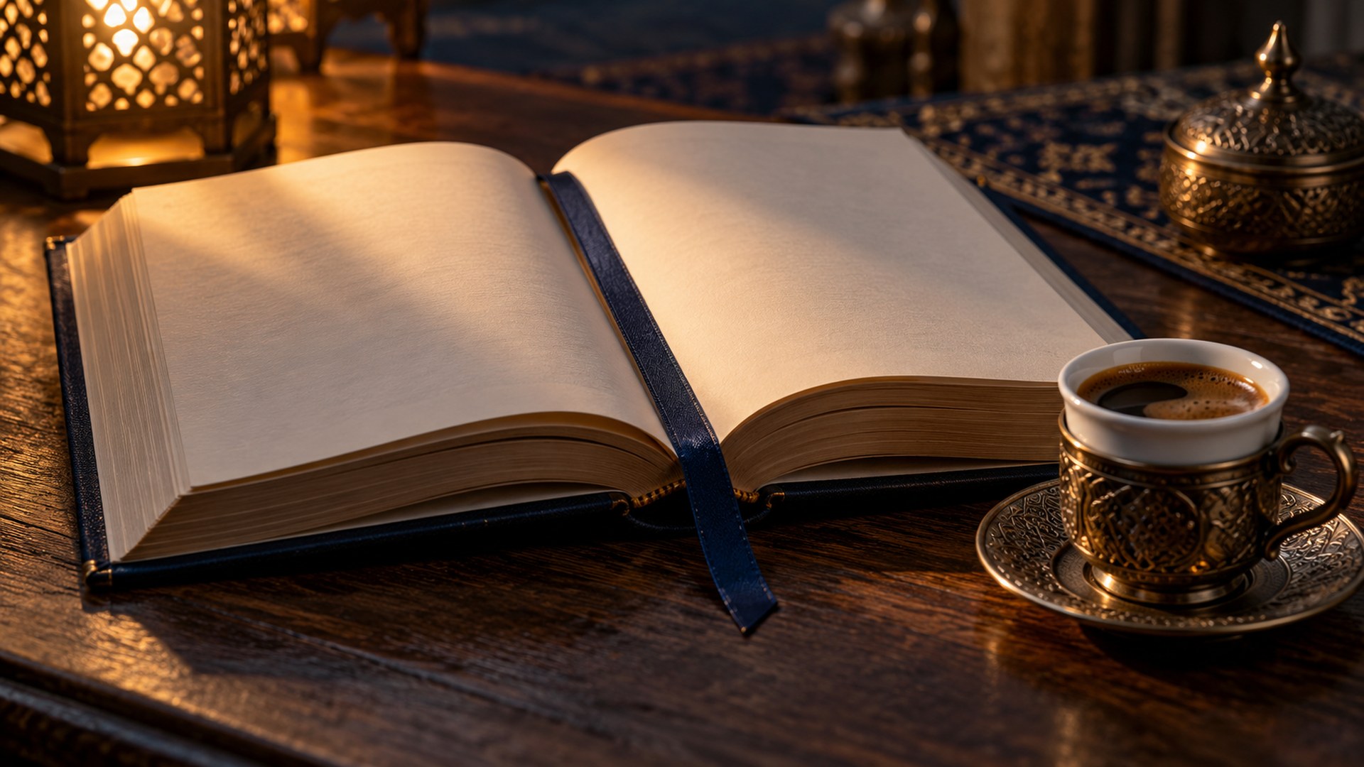 كتاب مفتوح بفاصل على طاولة قراءة بجانب فنجان قهوة عربية