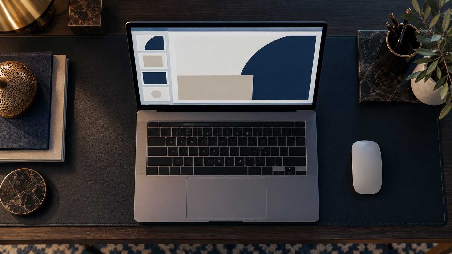 لابتوب يعرض تصميم عرض تقديمي بجانب فأرة على مكتب منزلي، من الأعلى