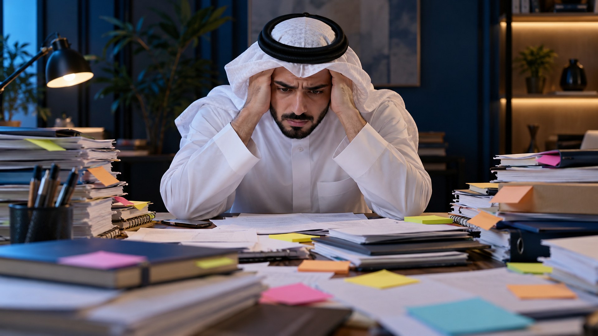 مستقل سعودي مرهق تحيط به مهام وأوراق لاصقة كثيرة على مكتبه
