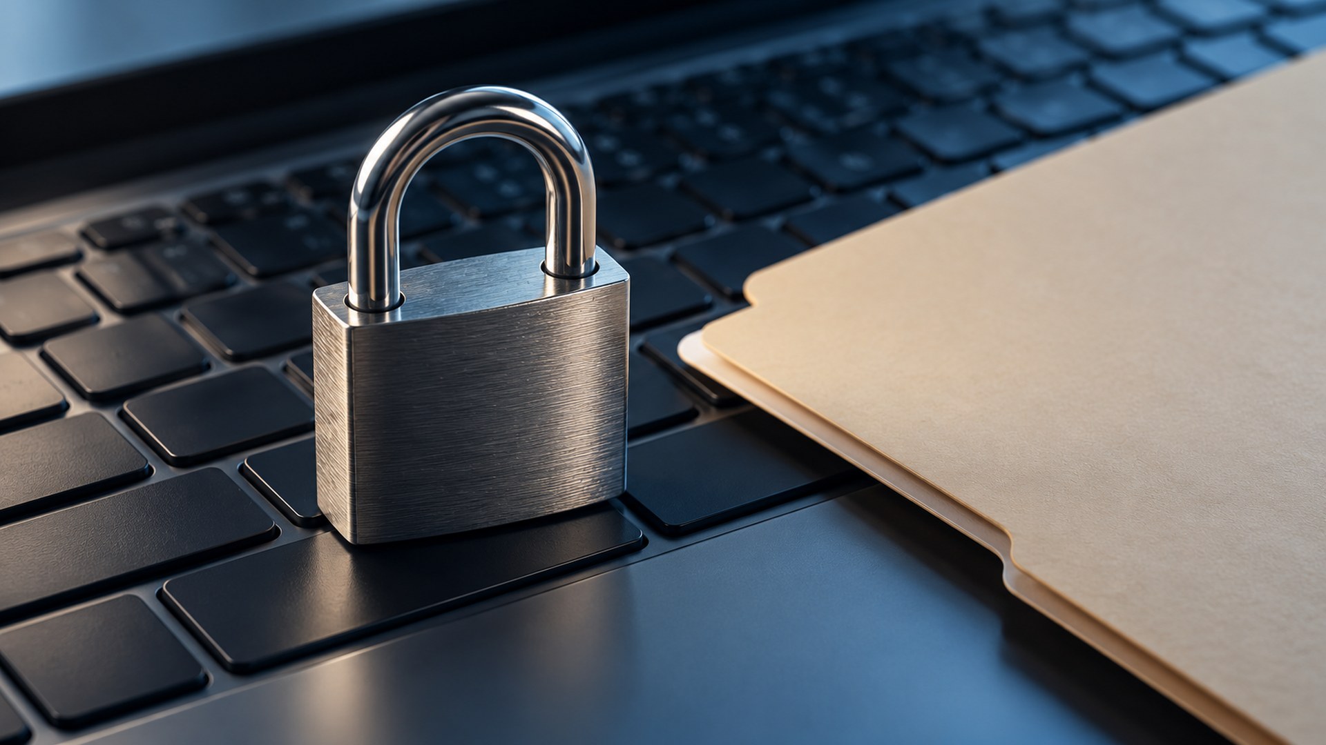 قفل على لوحة مفاتيح لابتوب بجانب ملف