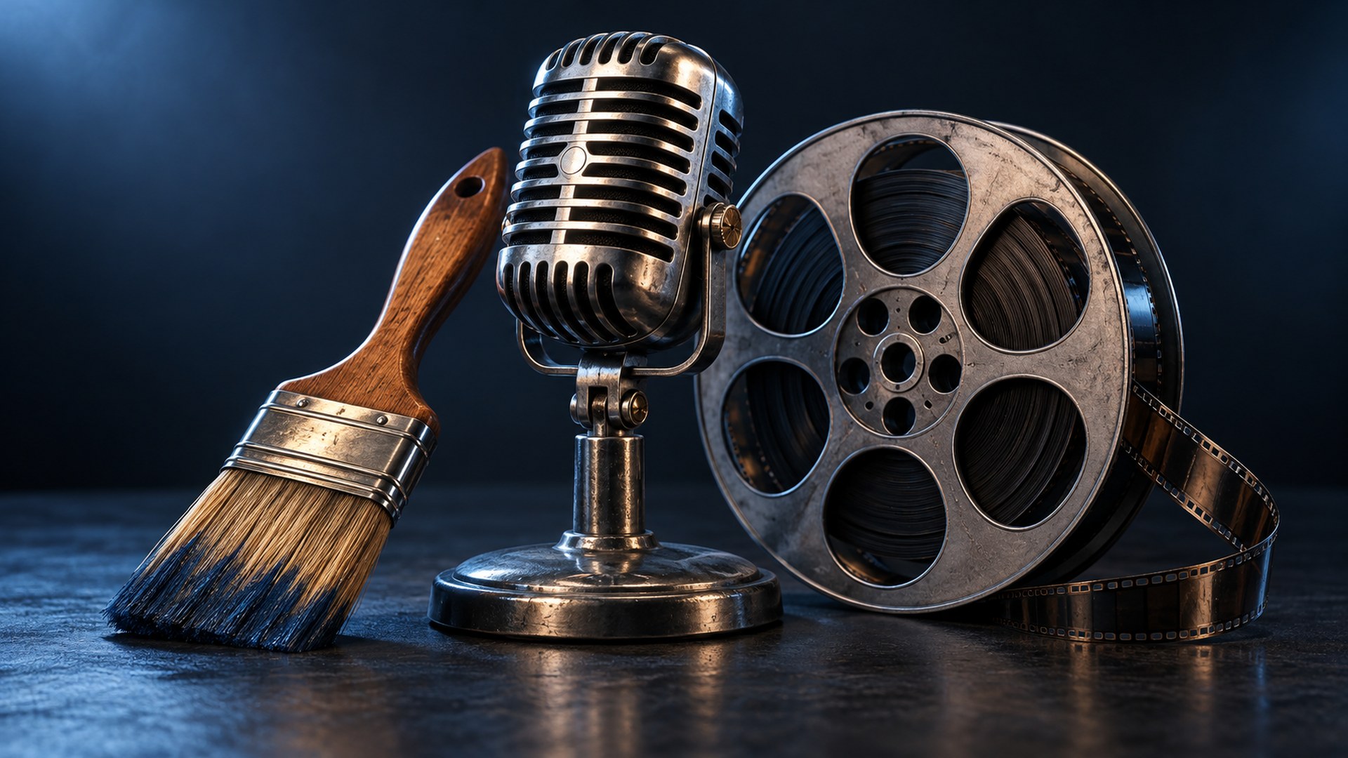 فرشاة رسم ومايكروفون وبكرة فيلم على طاولة داكنة