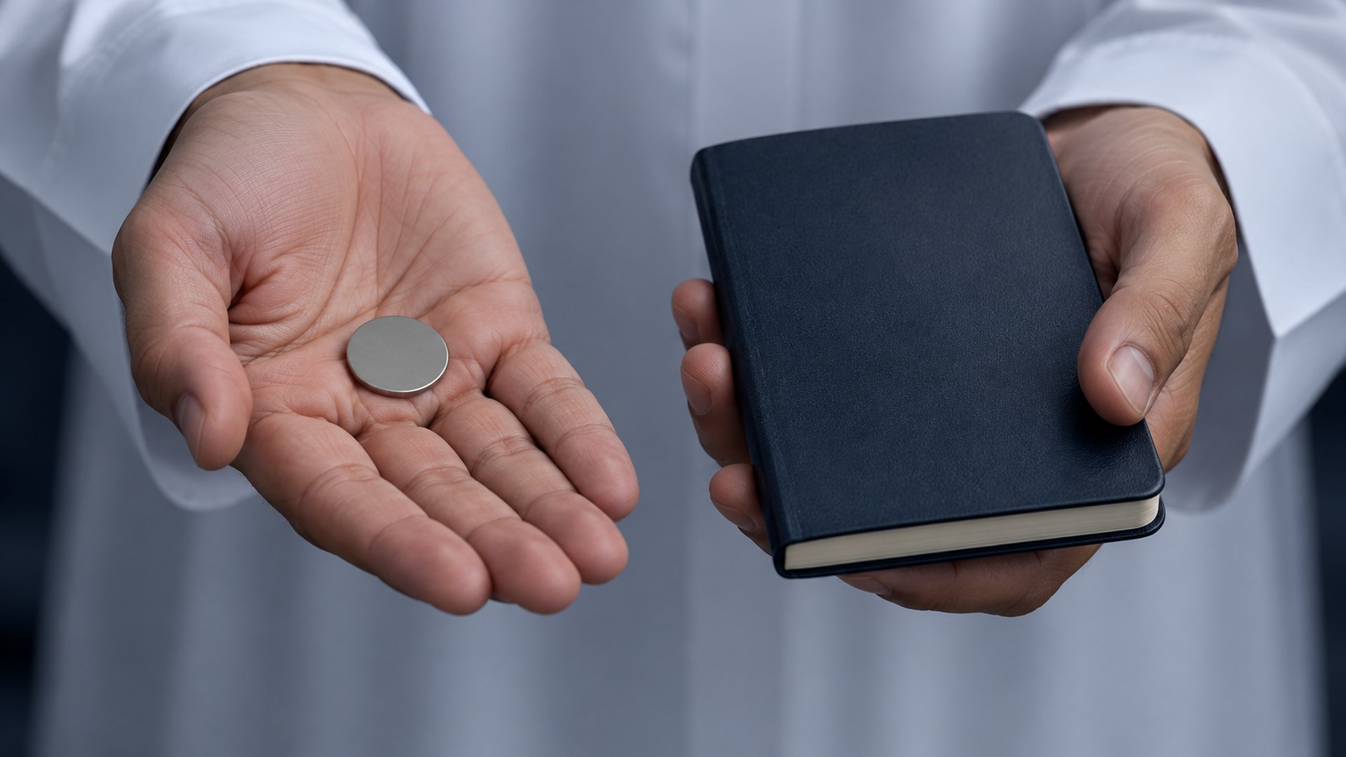 يدان توازنان بين عملة في كف ودفتر في الكف الأخرى