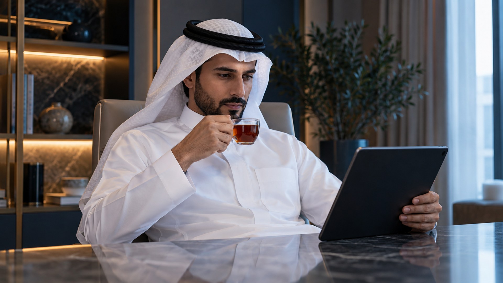 شخص يقرأ تقريراً مالياً على جهاز لوحي بهدوء مع كوب شاي قبل أن يقرر