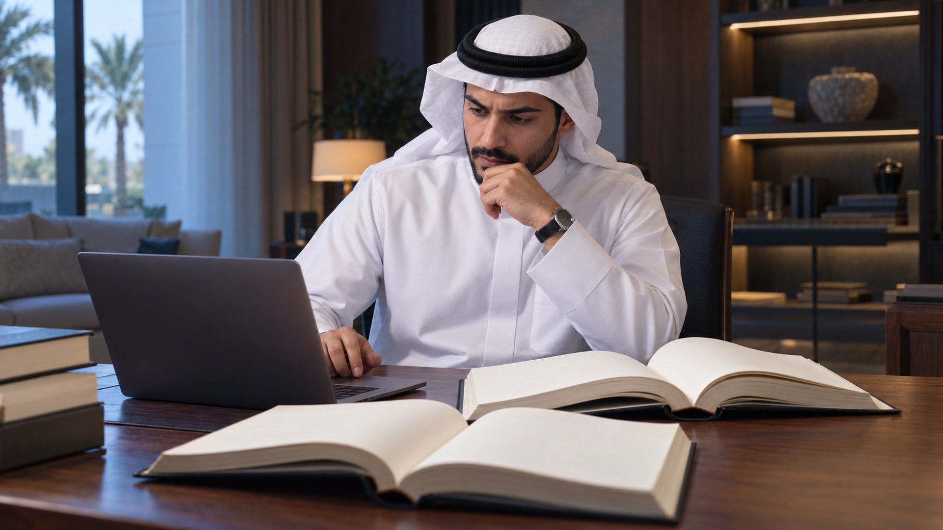 شخص يدقق ويحرر مسودة مكتوبة بالذكاء الاصطناعي وأمامه كتب مراجع