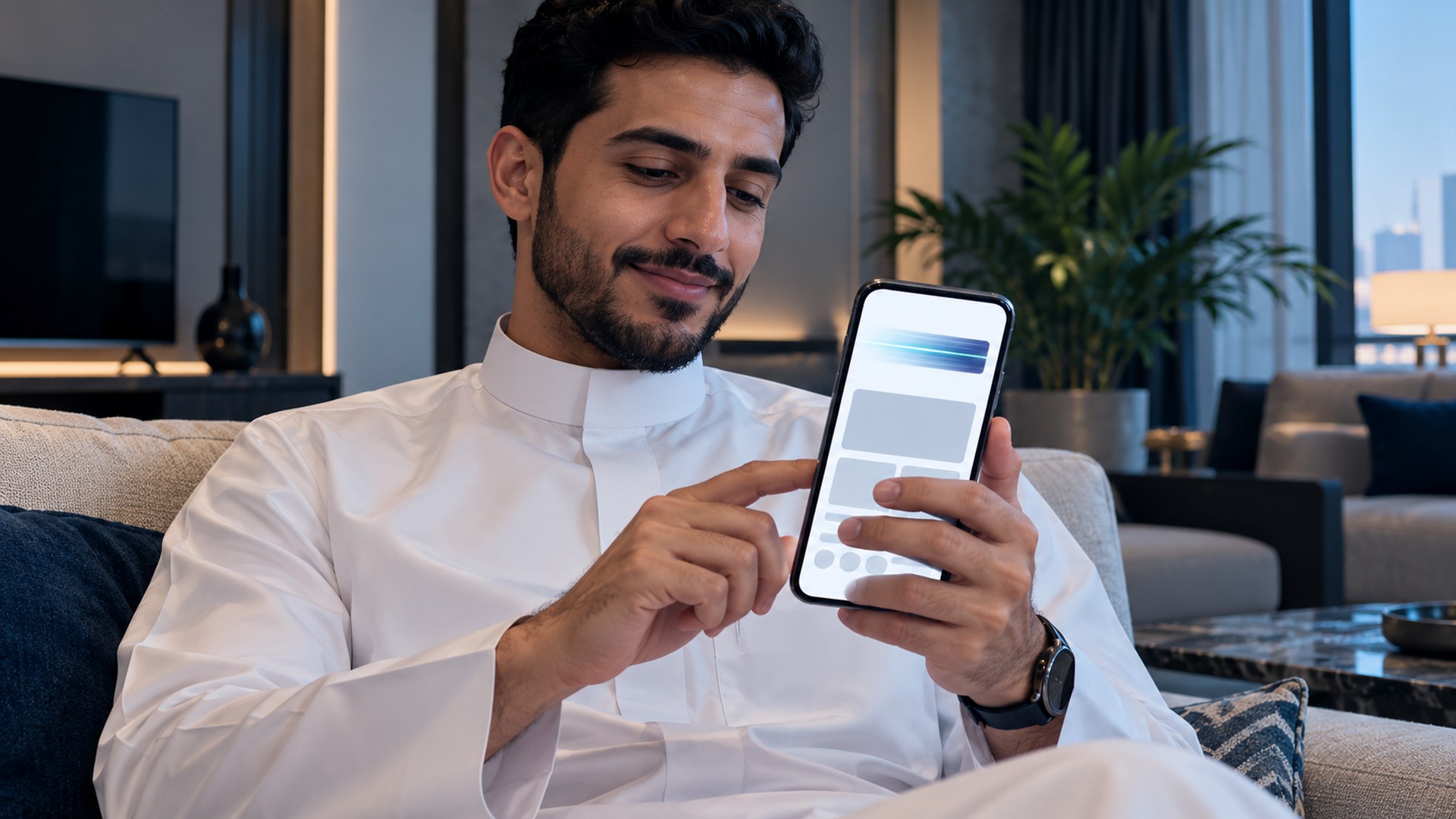 شخص يمسك جوالاً يعرض موقعاً سريعاً ونظيفاً في صالة حديثة