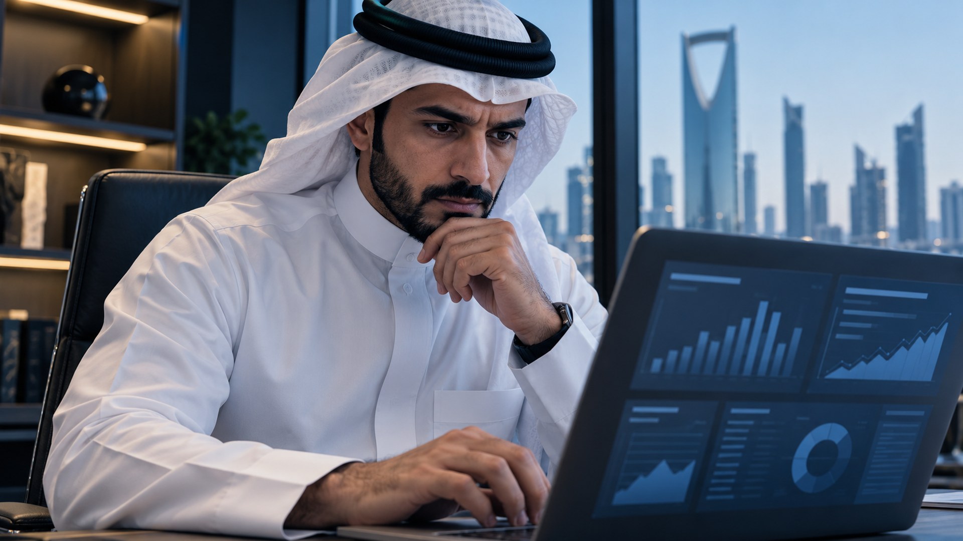 شخص يراجع تقارير شركة مالية رسمية وإفصاحاتها على اللابتوب
