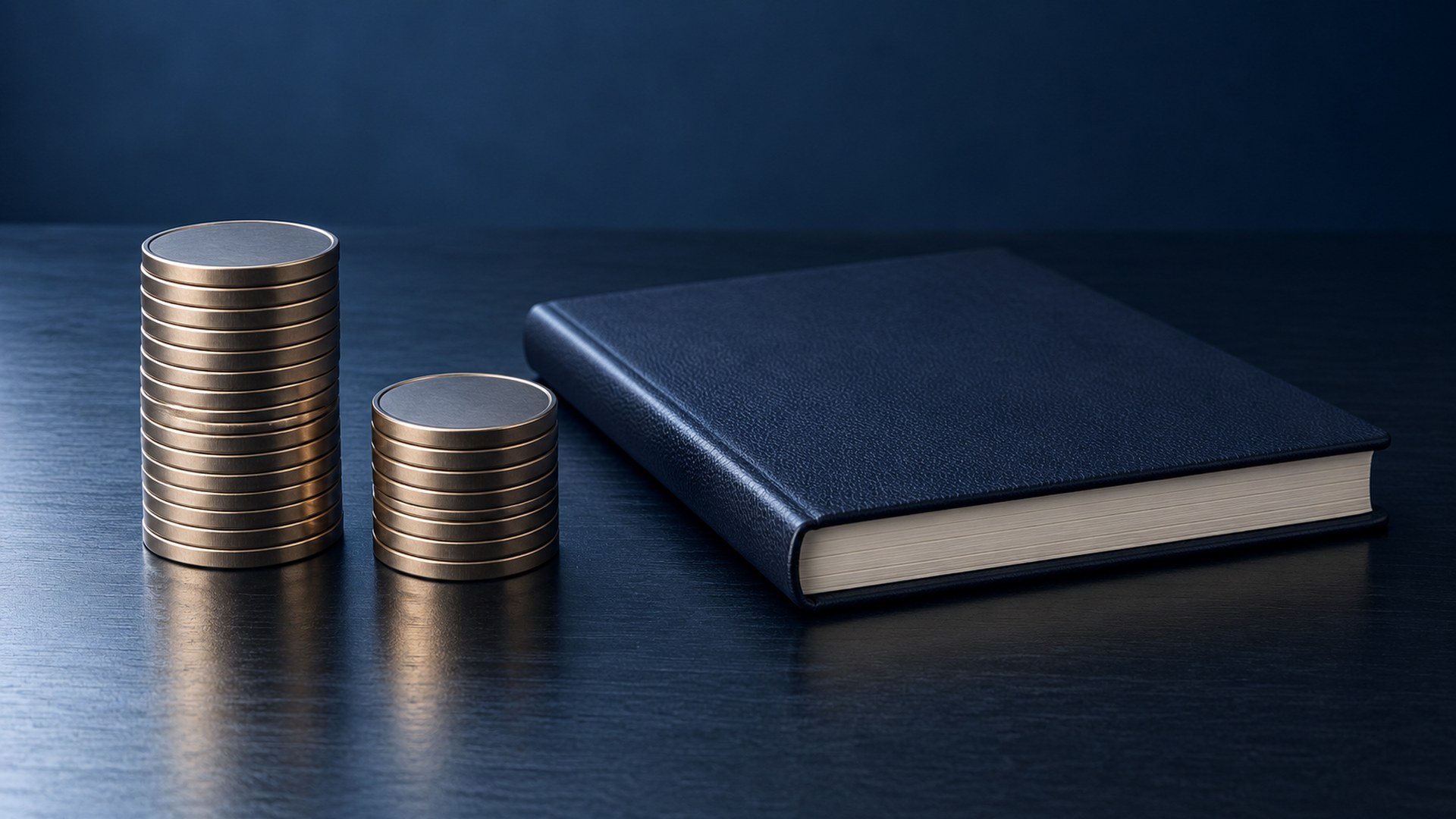 كومتا عملات بارتفاعين مختلفين على مكتب بجانب دفتر