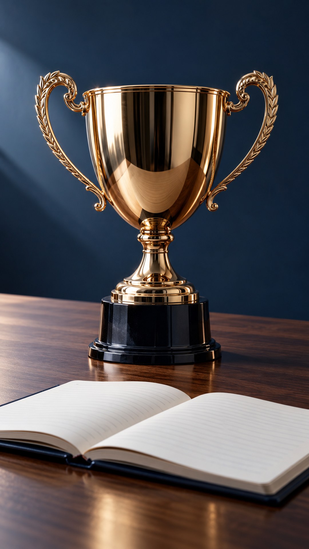 كأس لامعة على مكتب نظيف بجانب دفتر مفتوح