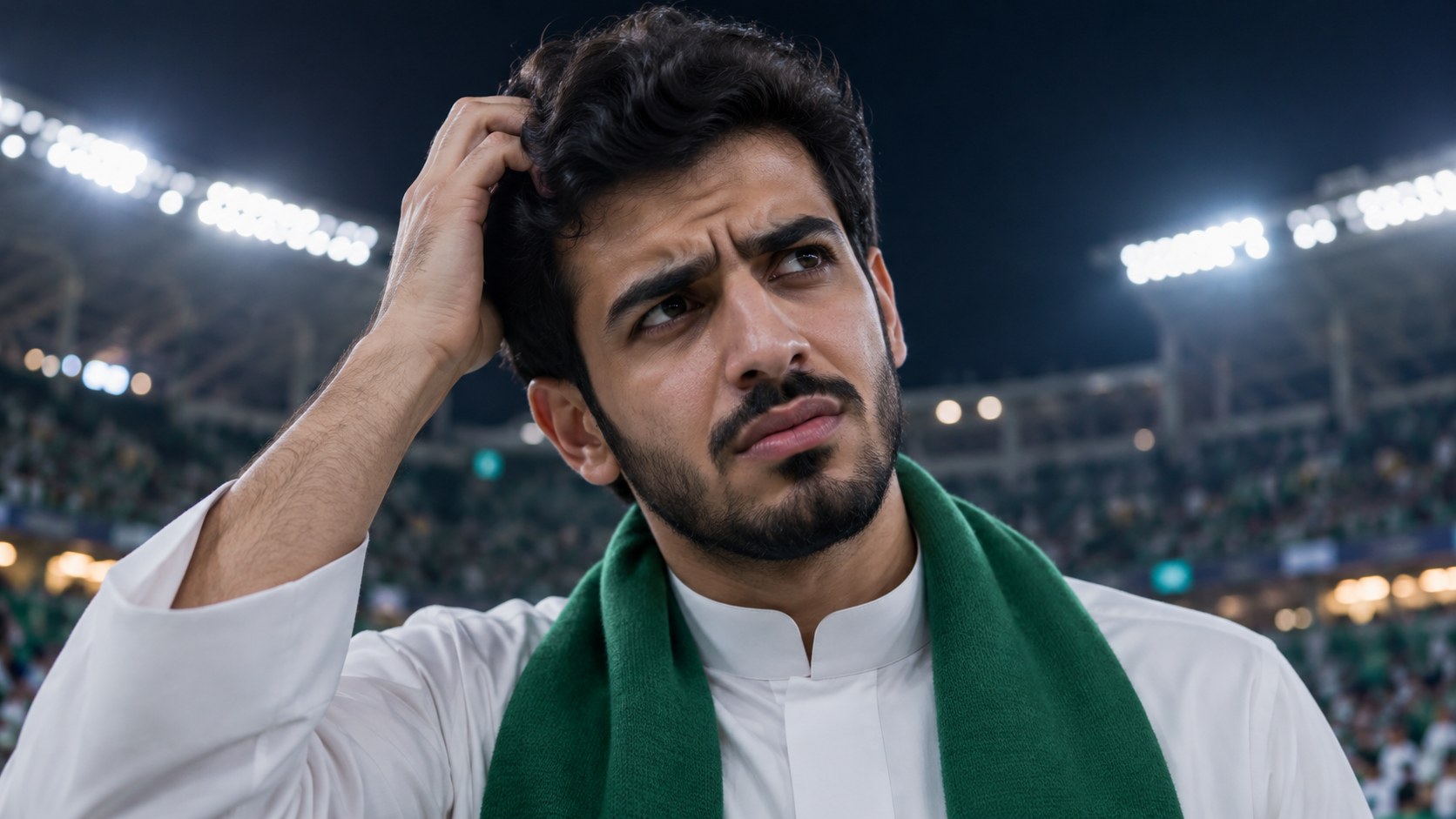 شاب سعودي بوشاح أخضر يحك رأسه محتاراً وأضواء الملعب خلفه ليلاً