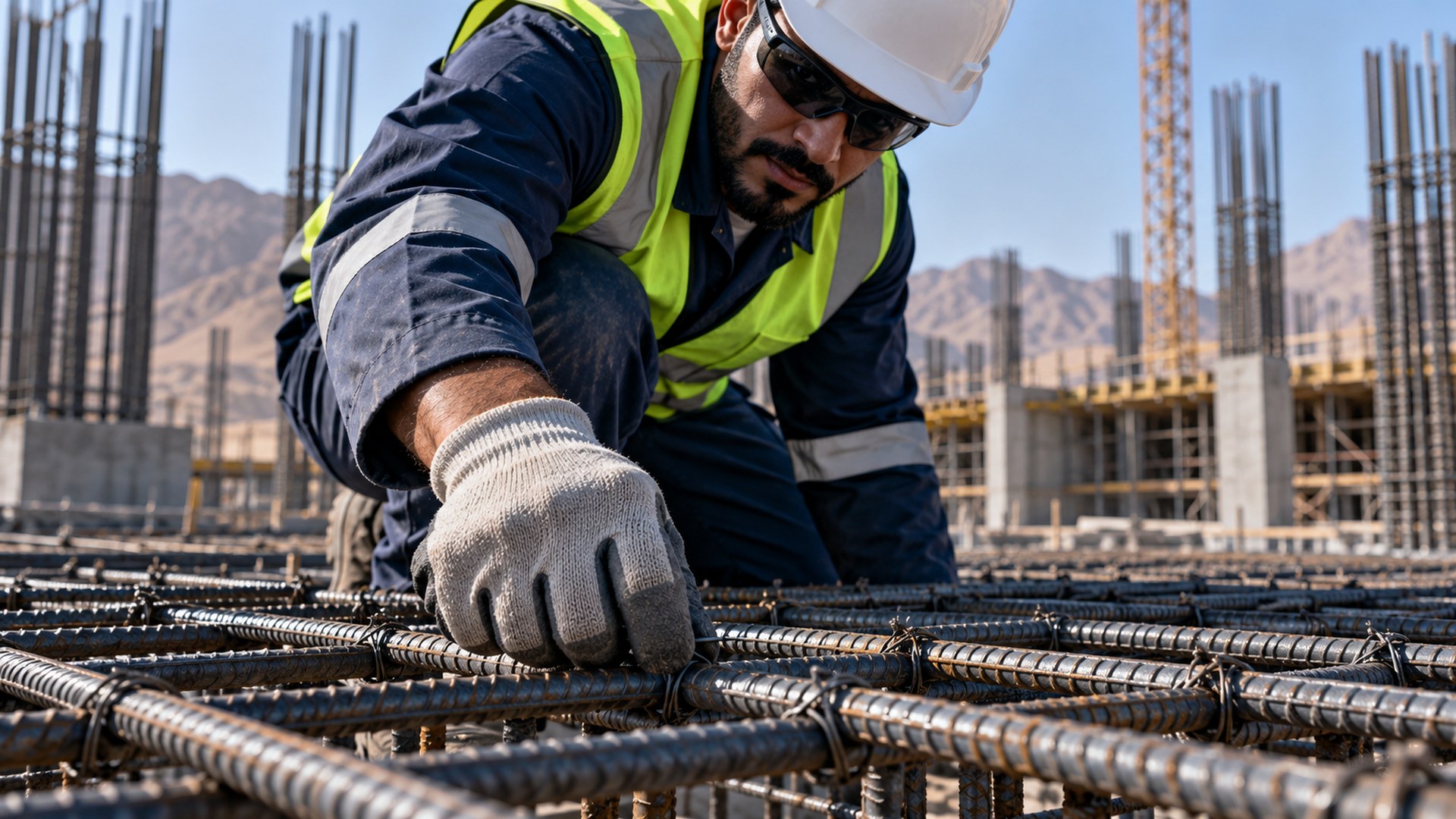 يد مهندس جودة تفحص حديد التسليح قبل صب الخرسانة